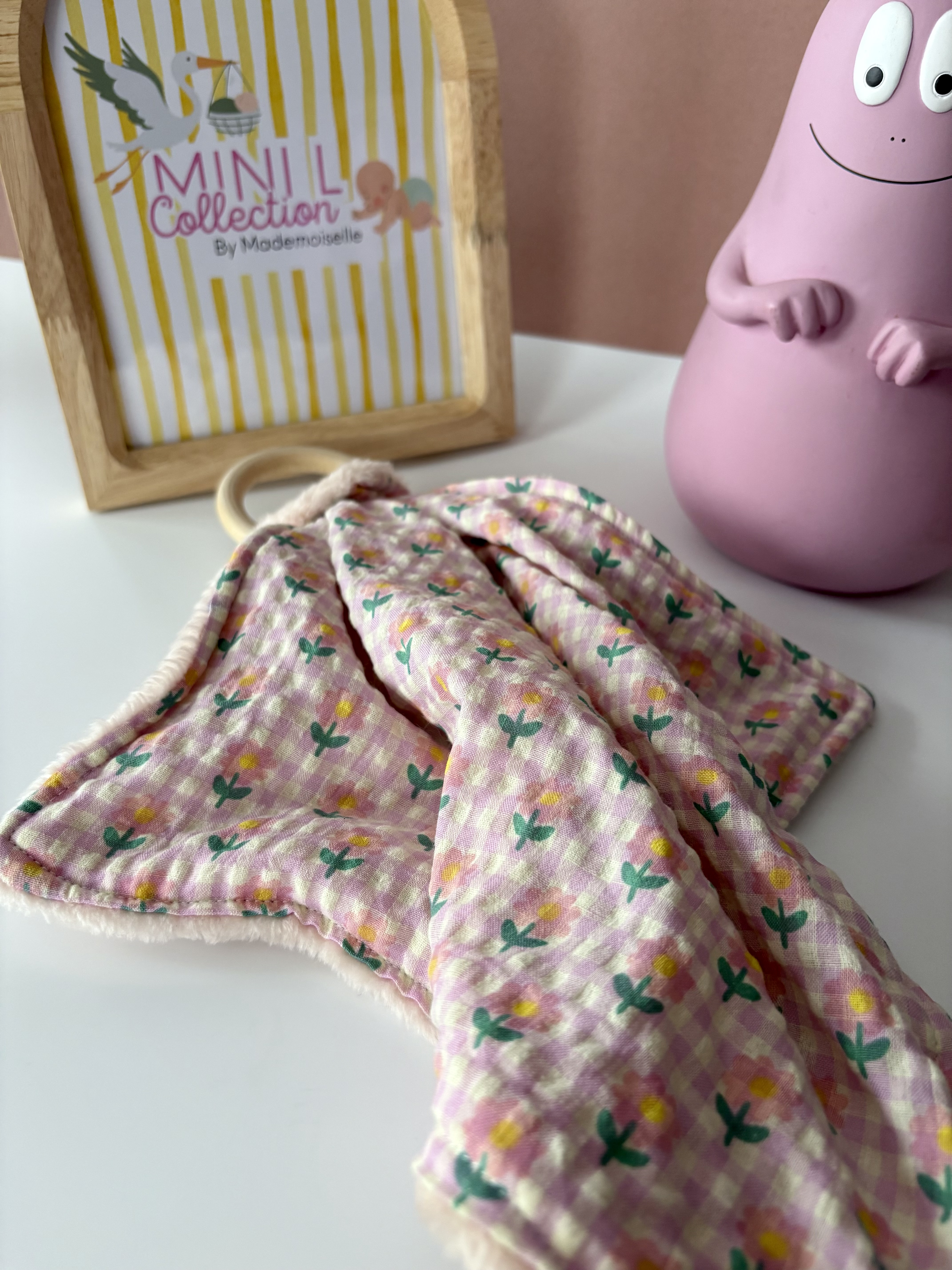Doudou carré dentition- VICHY ROSE +FLEURS