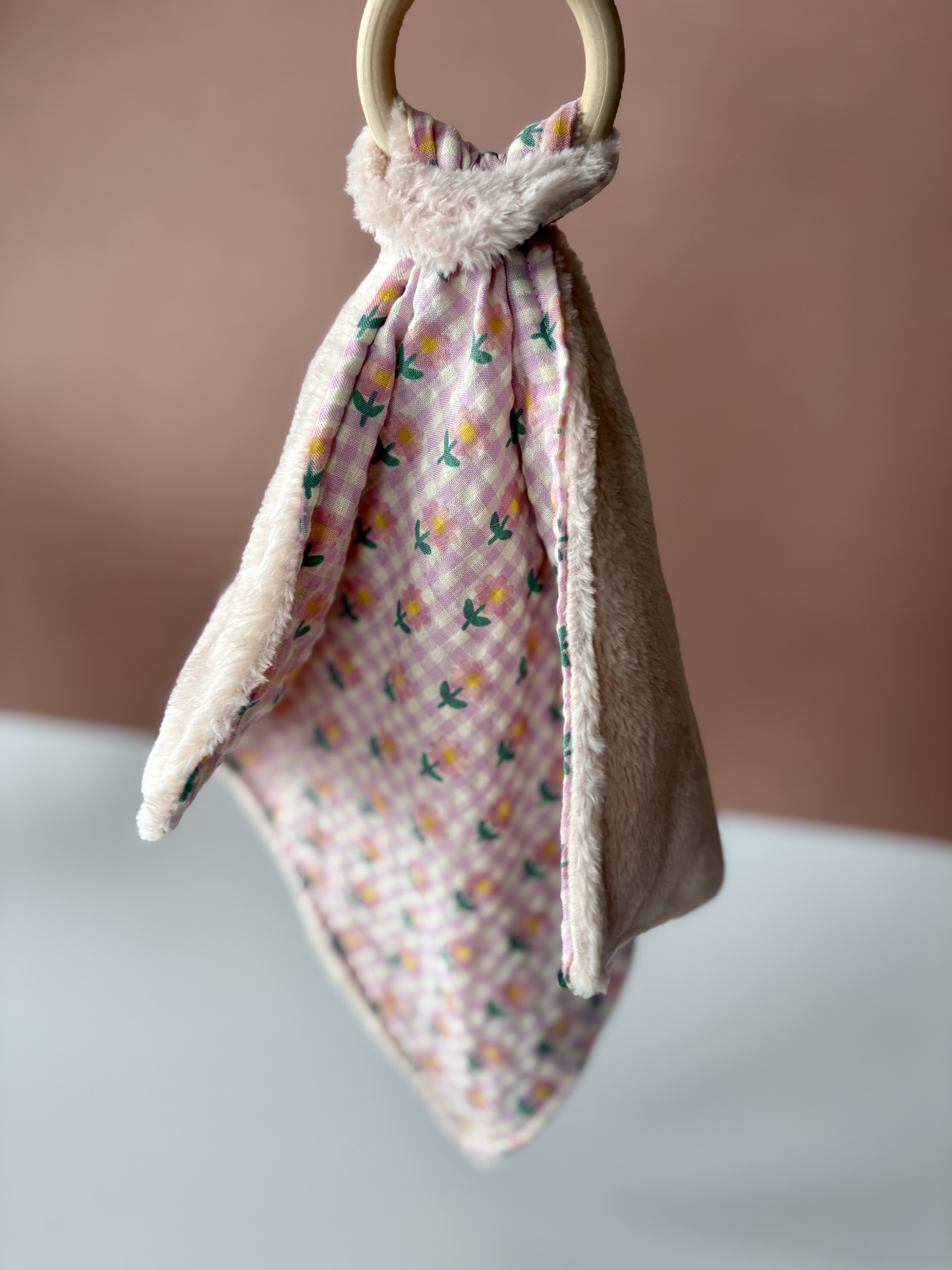 Doudou carré dentition- VICHY ROSE +FLEURS