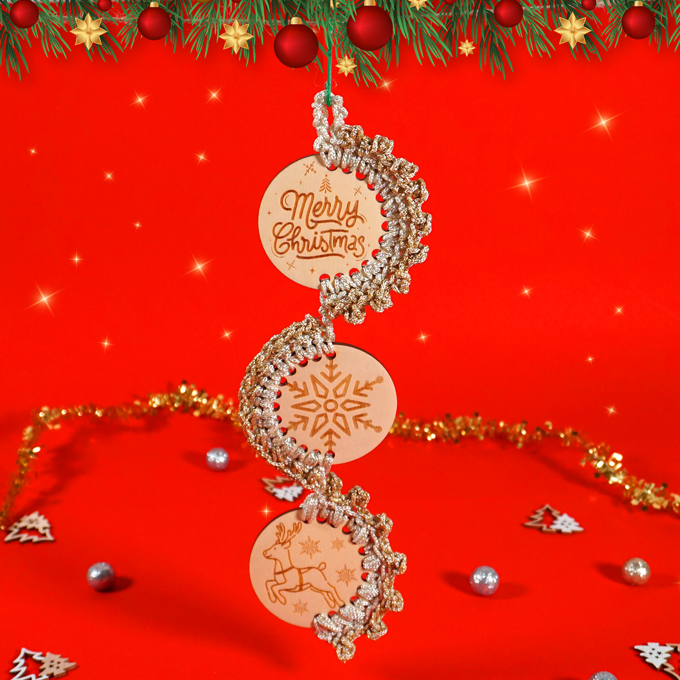 Base in Legno Set  da 3 pz. Palline Natalizie Pendenti