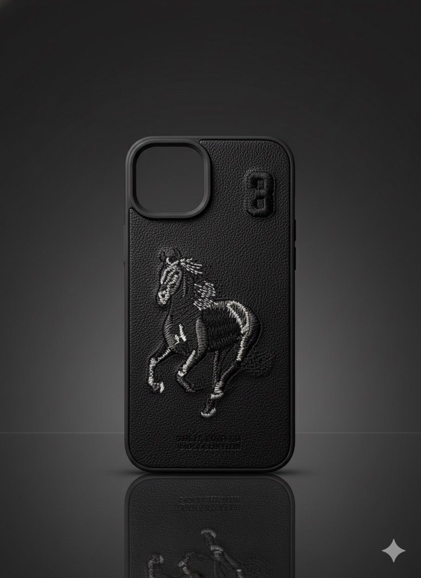 Black Leather Horse-Themed Phone Case