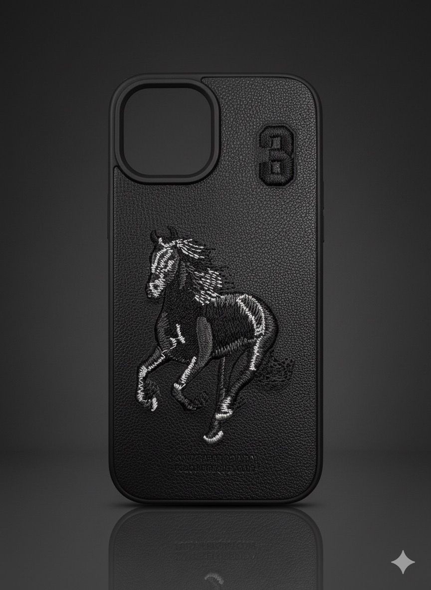 Black Leather Horse Embroidered Phone Case
