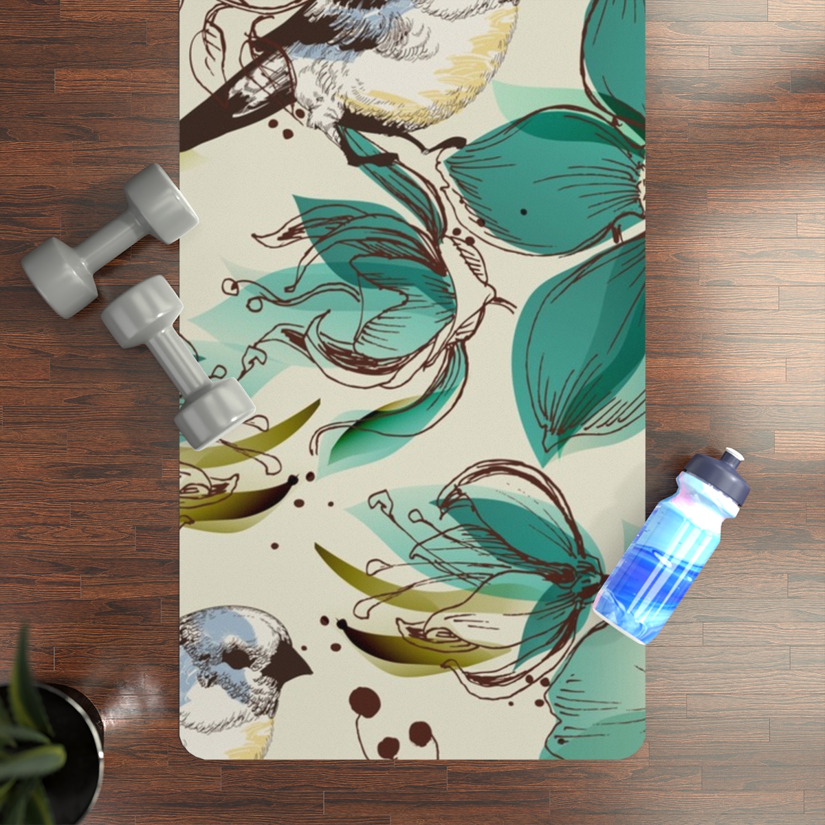 Kuş ve Çiçek Desenli Kaymaz Yoga Matı