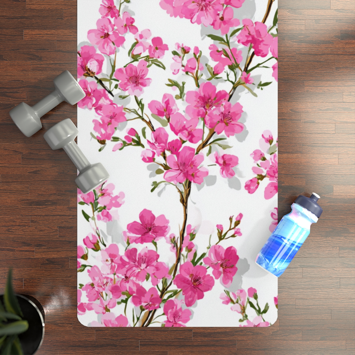 Pembe Çiçek Dallar Desenli Kaymaz Yoga Matı