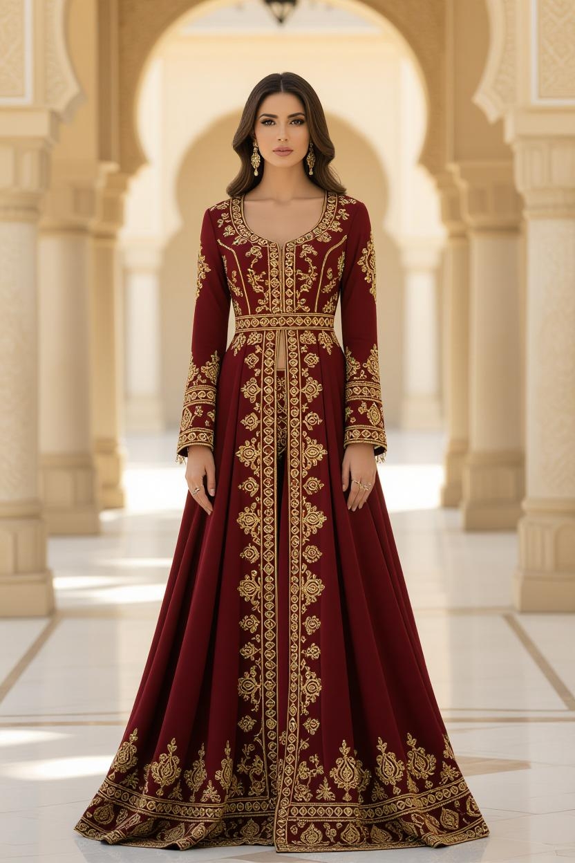 Embroidered Burgundy Kaftan Dress