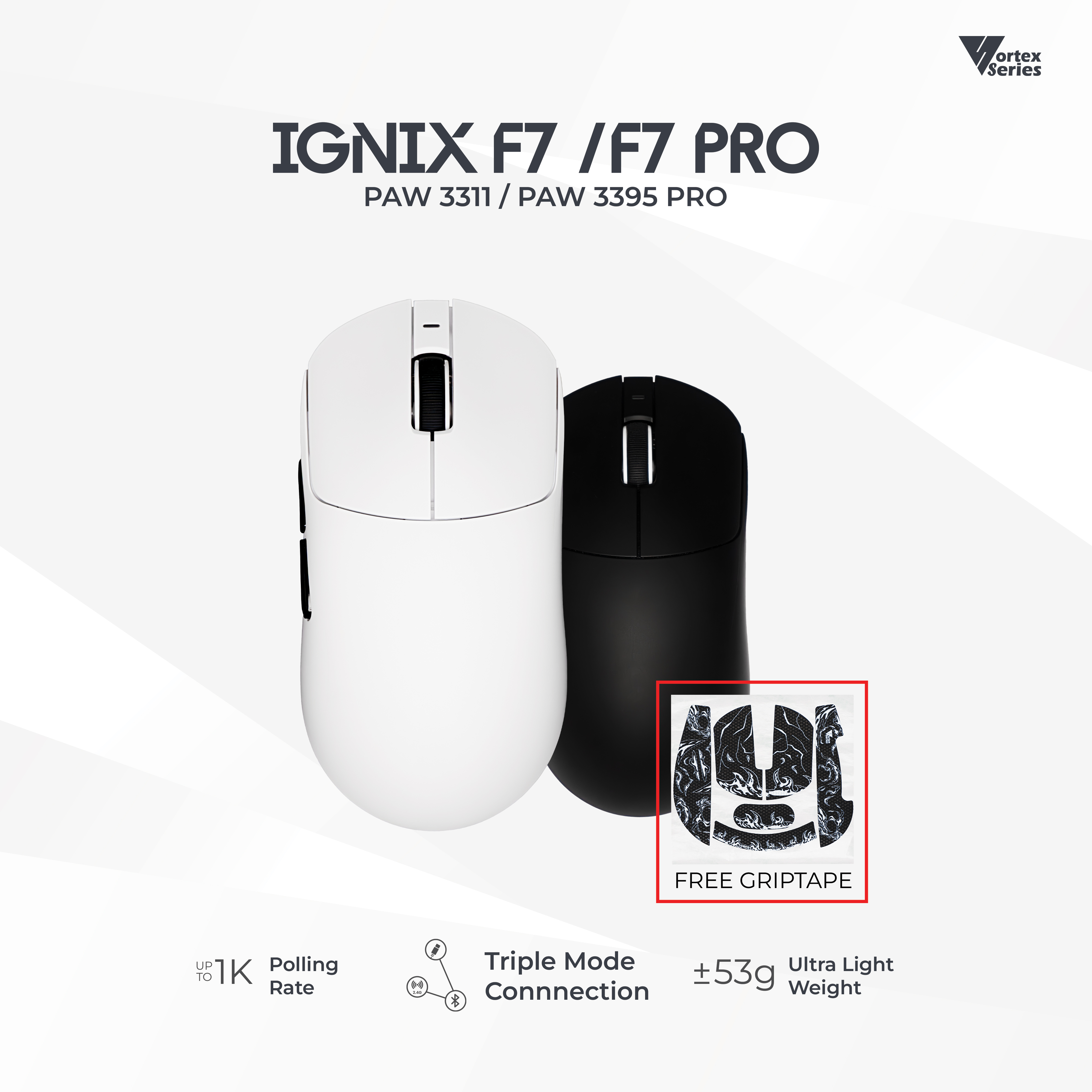 VortexSeries IGNIX Series F7 Mouse | Ultra Light Wireless Tri Mode Gaming Mouse PixArt PAW 3311 / 3395 PRO