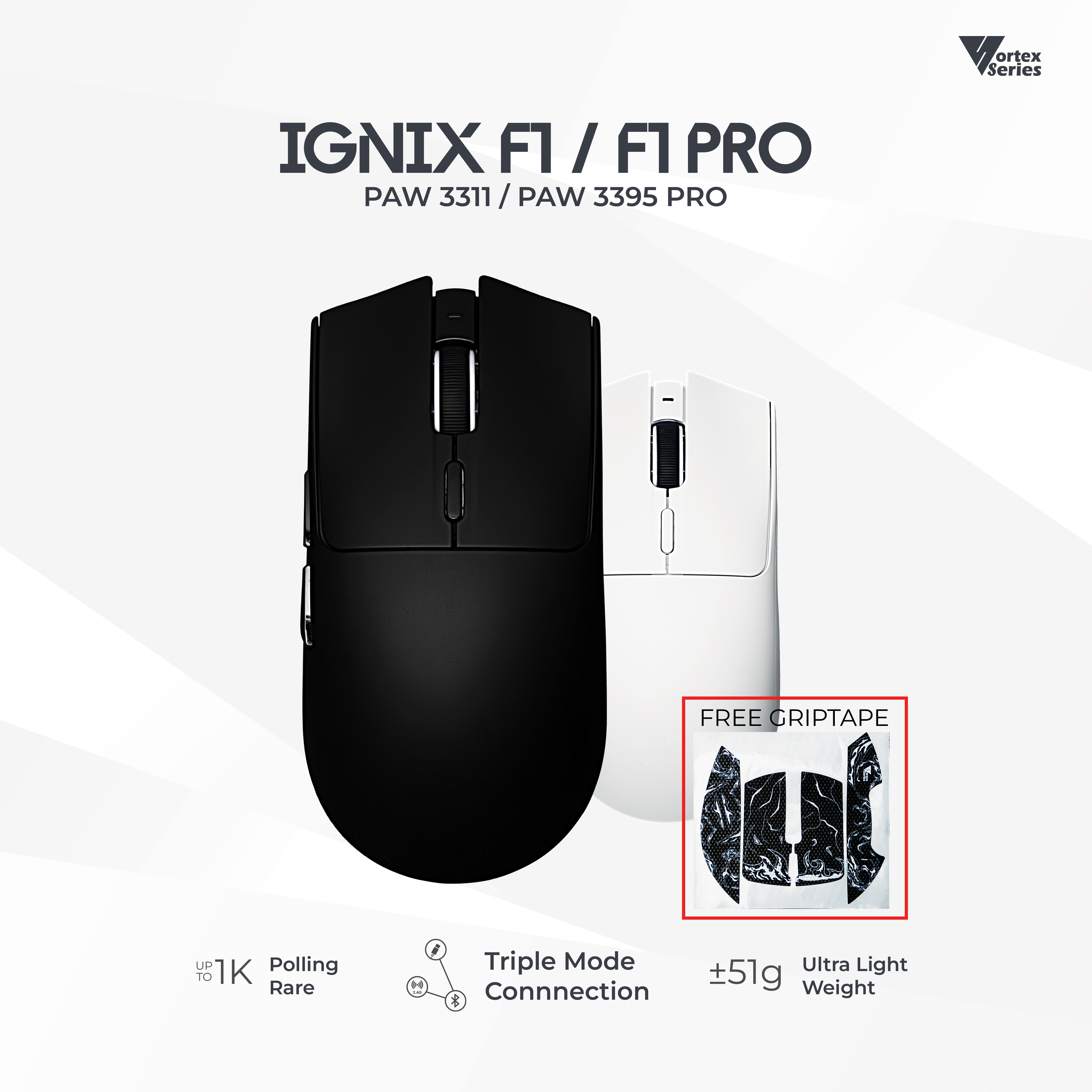 VortexSeries IGNIX Series F1 | Ultra Light Wireless Tri Mode Gaming Mouse PixArt PAW 3311 / 3395 PRO