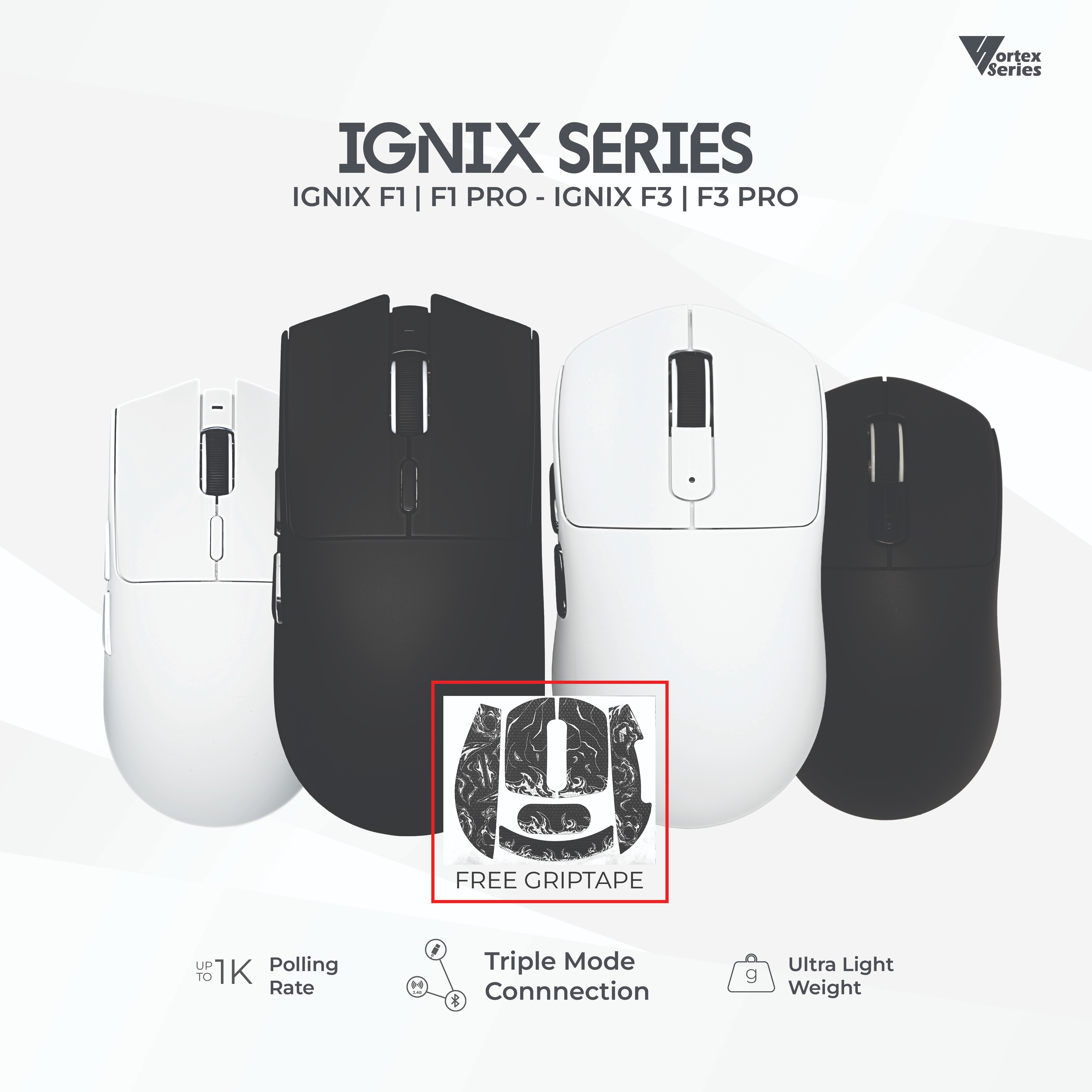 VortexSeries IGNIX Series F3 Mouse | Ultra Light Wireless Tri Mode Gaming Mouse PixArt PAW 3311 / 3395 PRO