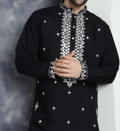 Men's Black Embroidered Kurta