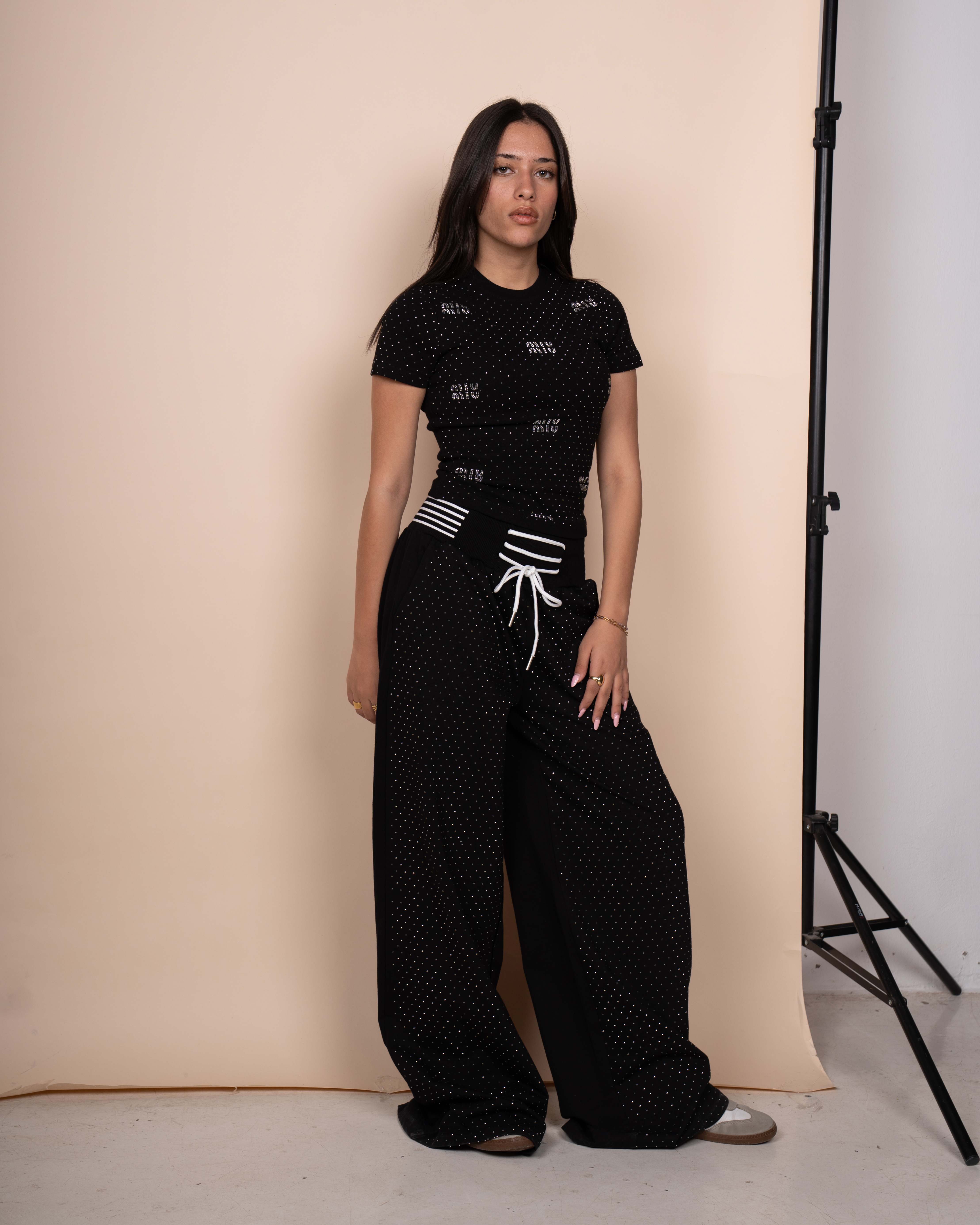 Half-sleeve rhinestone knit set 