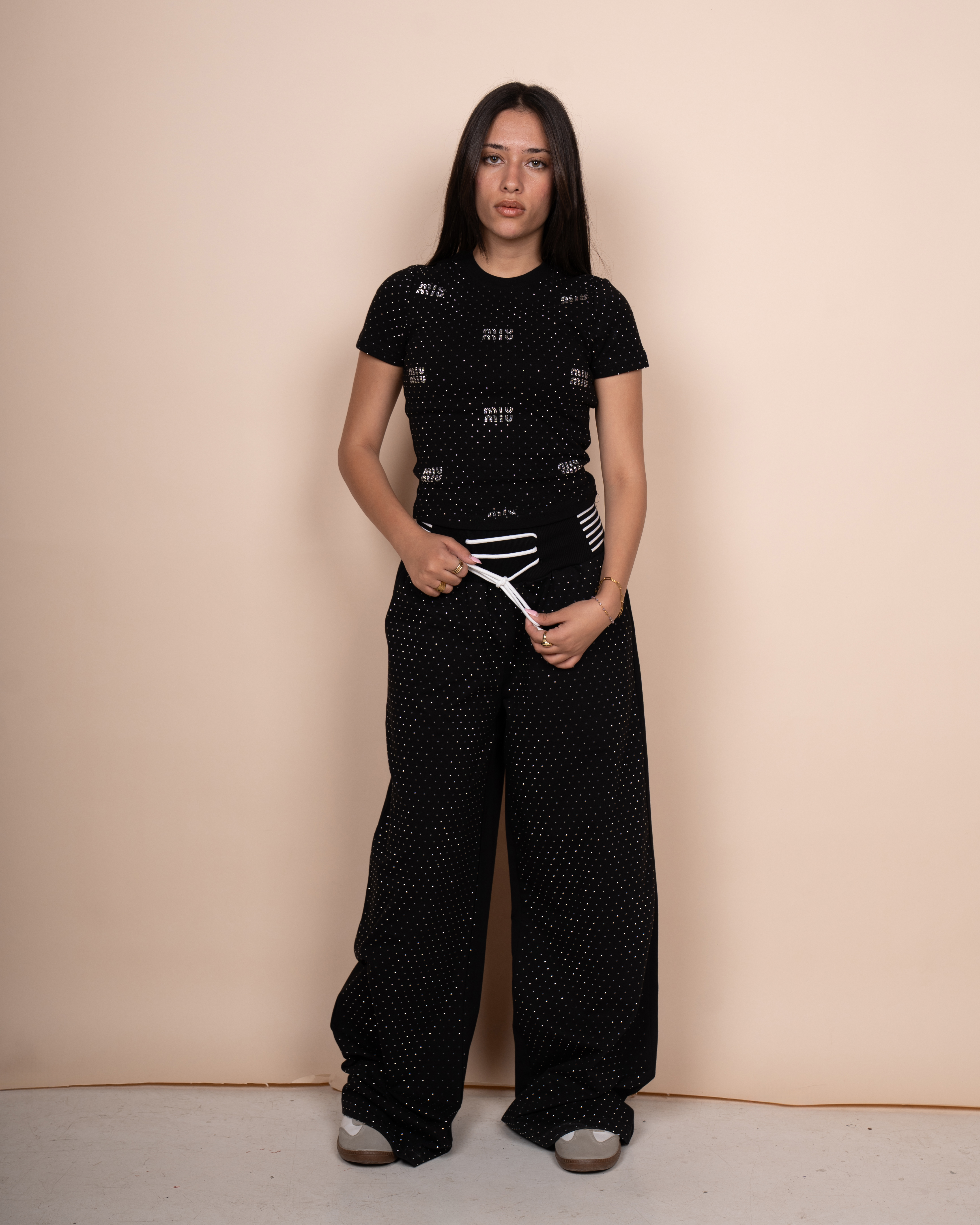 Half-sleeve rhinestone knit set 