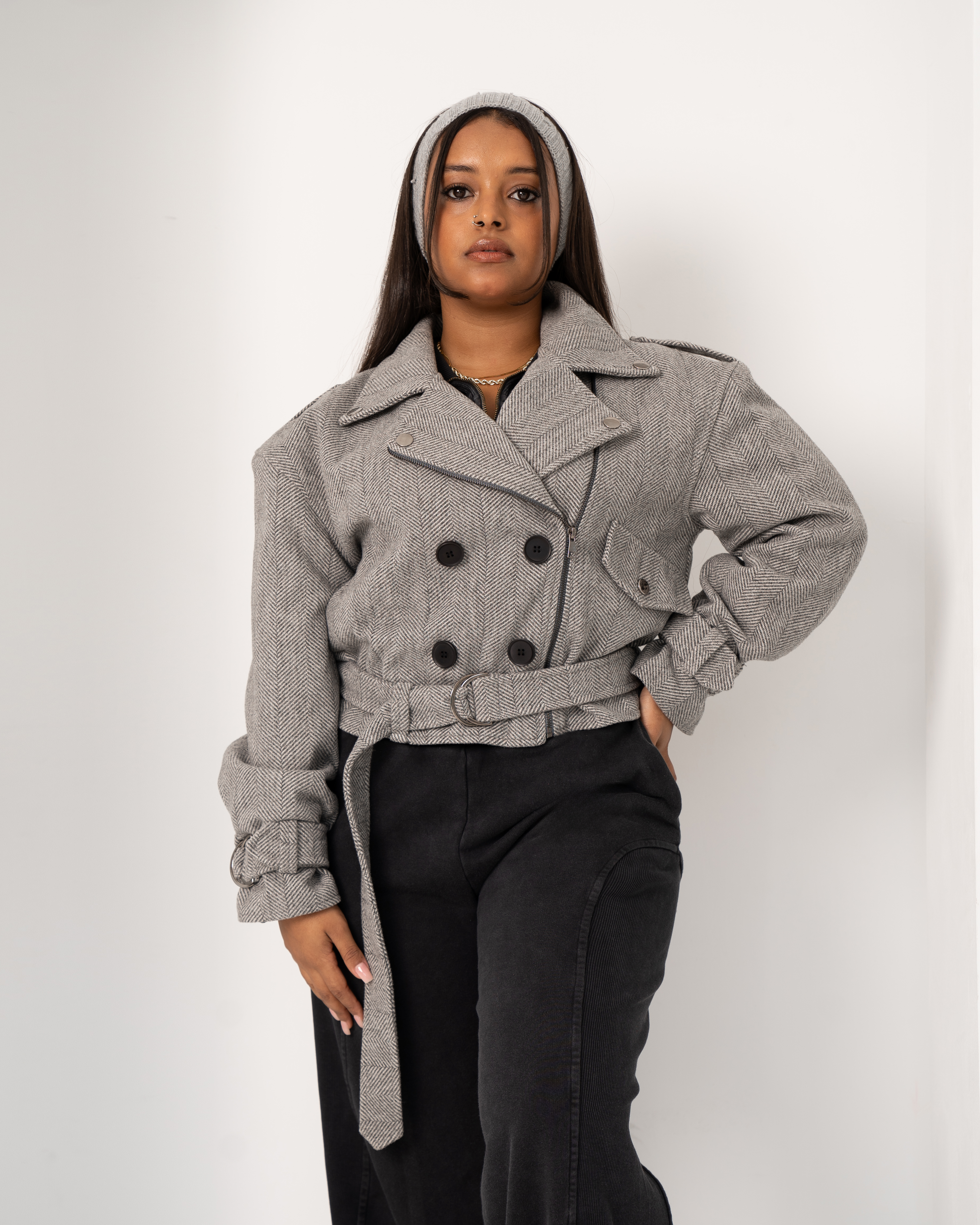 Short Buttoned Wool Jacket with Belt