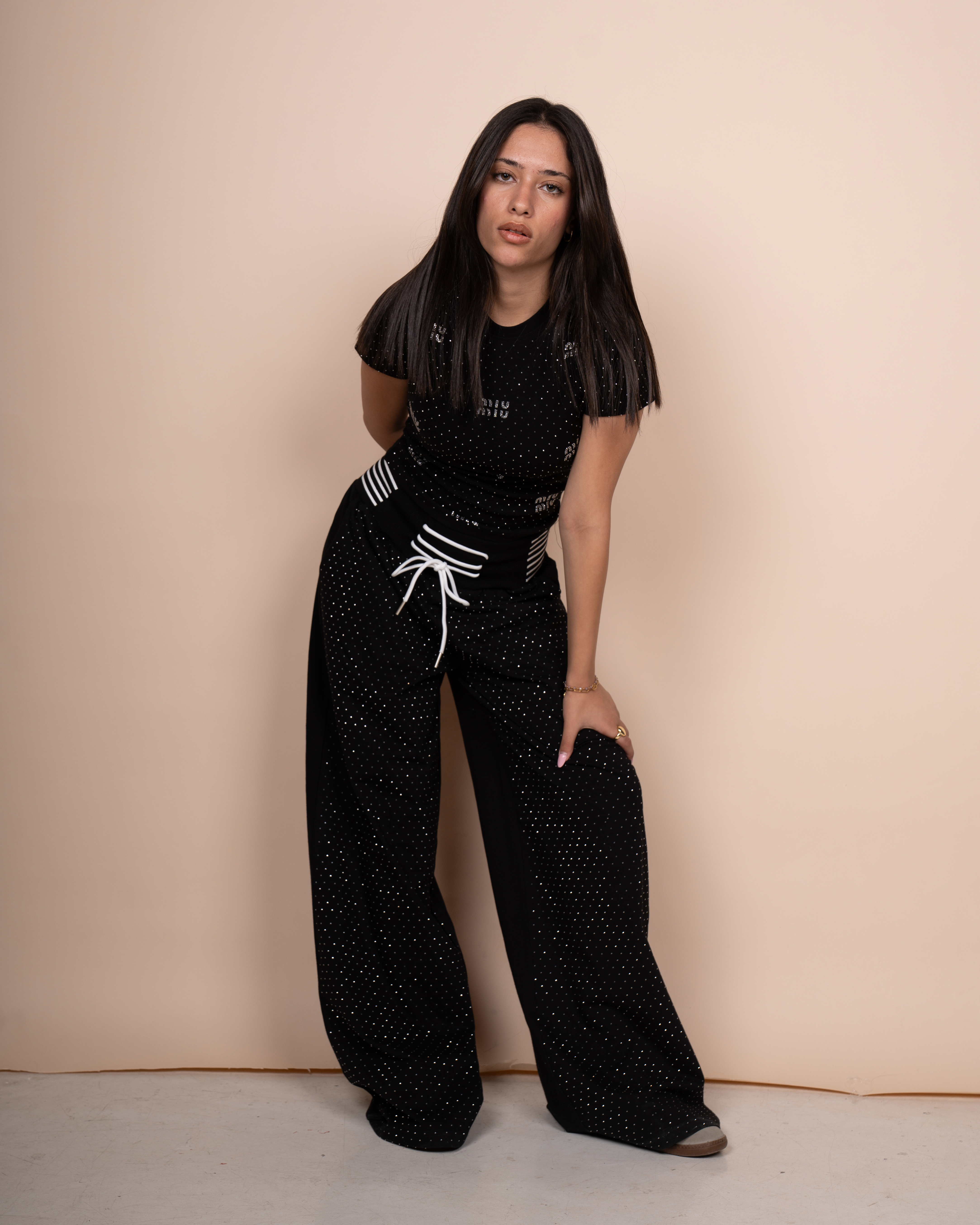 Half-sleeve rhinestone knit set 