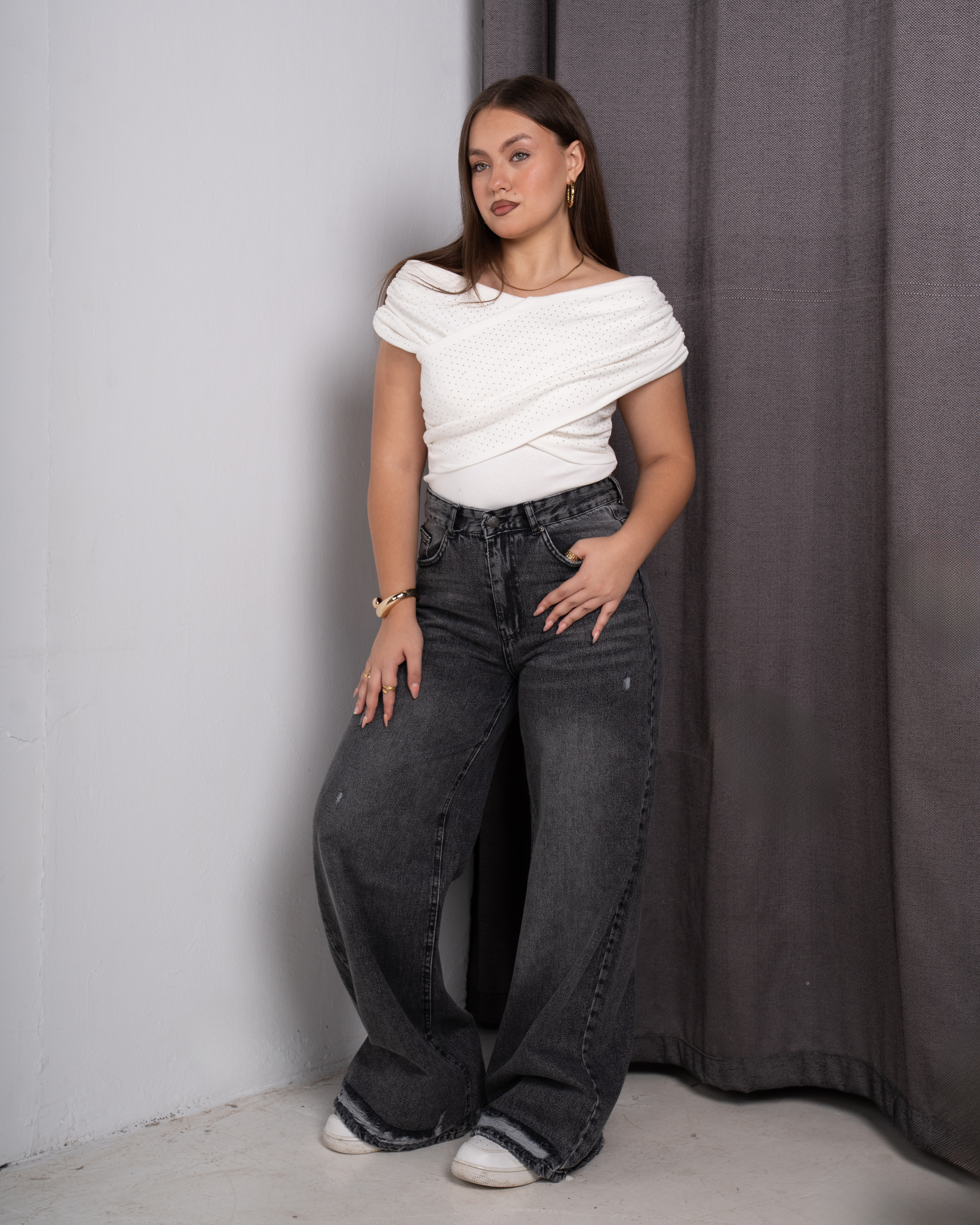 Off Shoulder Strass T-Shirt