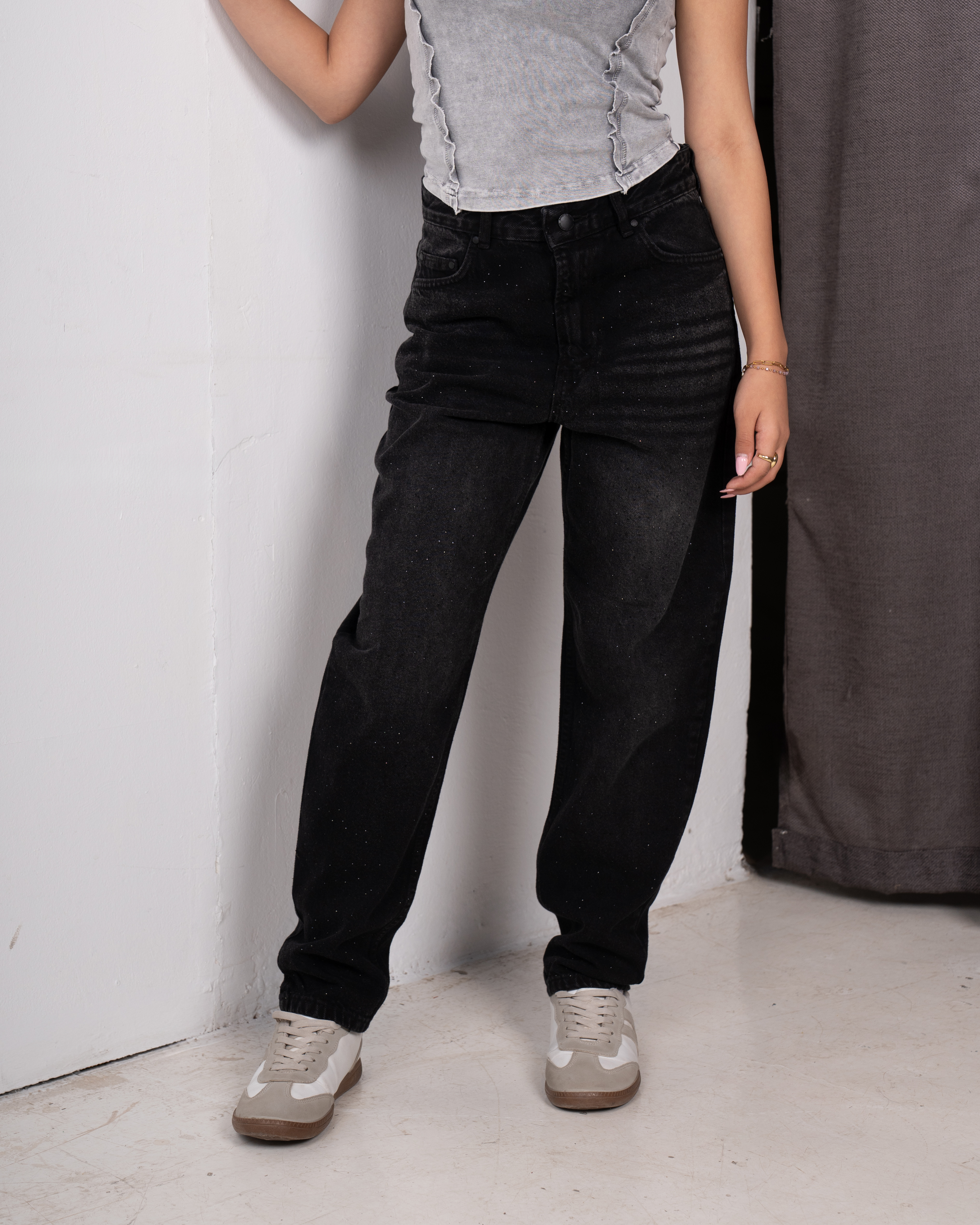 Black mom fit rhinestone jeans