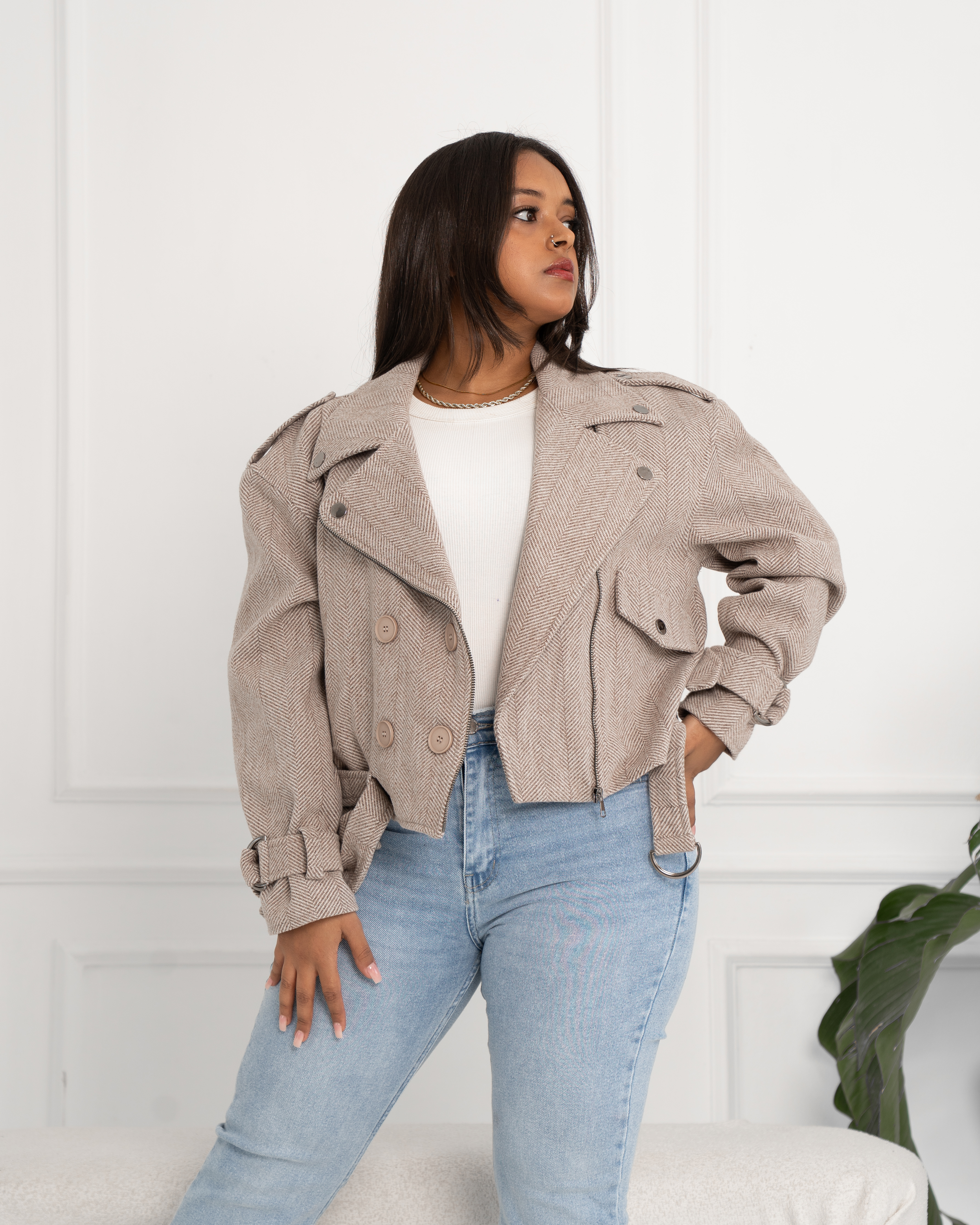 Short Buttoned Wool Jacket with Belt