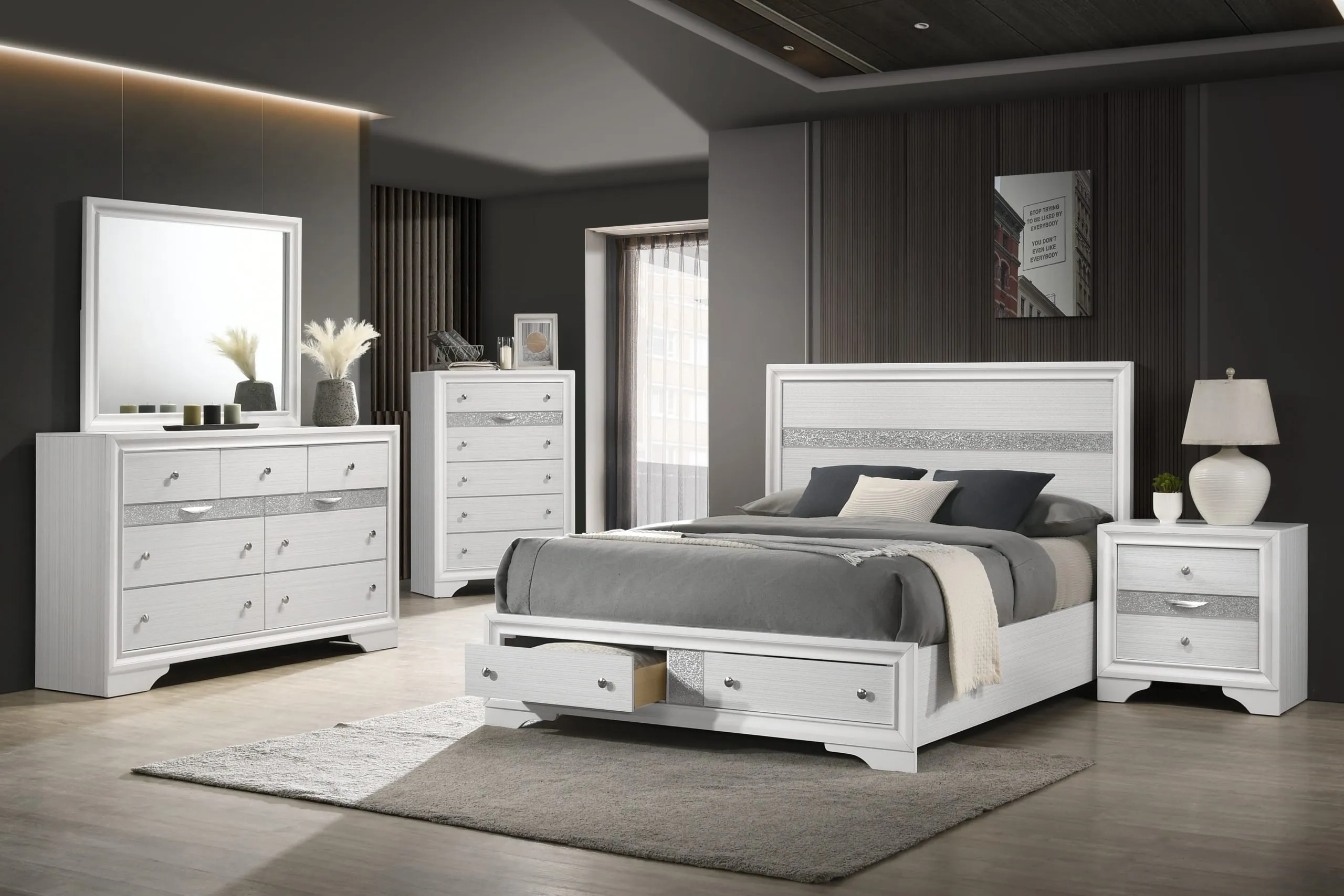 FULL: 57 X 78 X 50 QUEEN: 64 X 83 X 50 KING: 80 X 83 X 50 DRESSER: 63 X 17 X 39 CHEST: 34 X 17 X 52 NIGHTSTAND: 26 X 17 X 26 MIRROR: 37 X 1 X 47