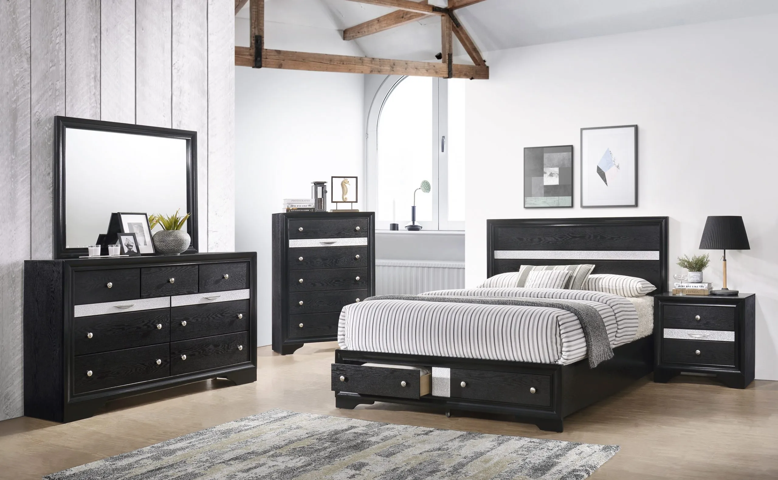 GRAINED BLACK FINISH FULL STORAGE BEDROOM