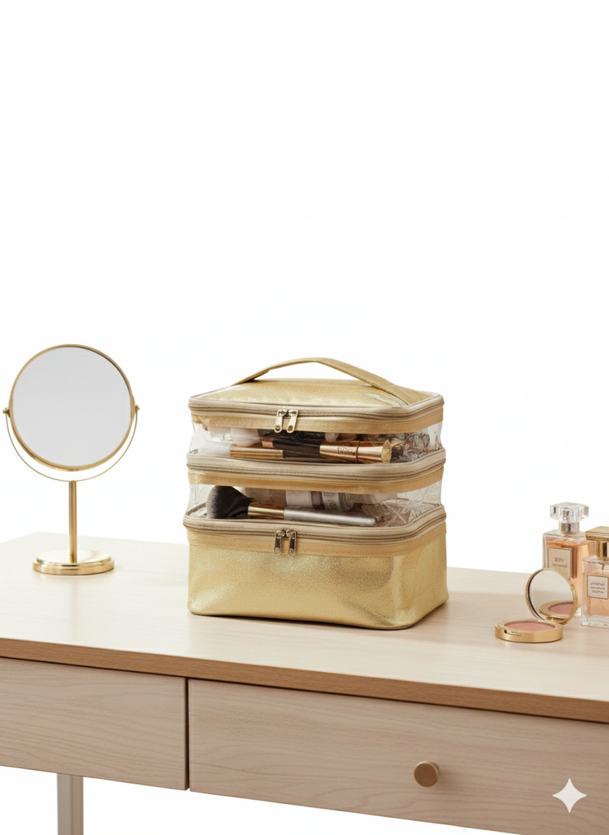 Gold Double-Layer Makeup Organizer