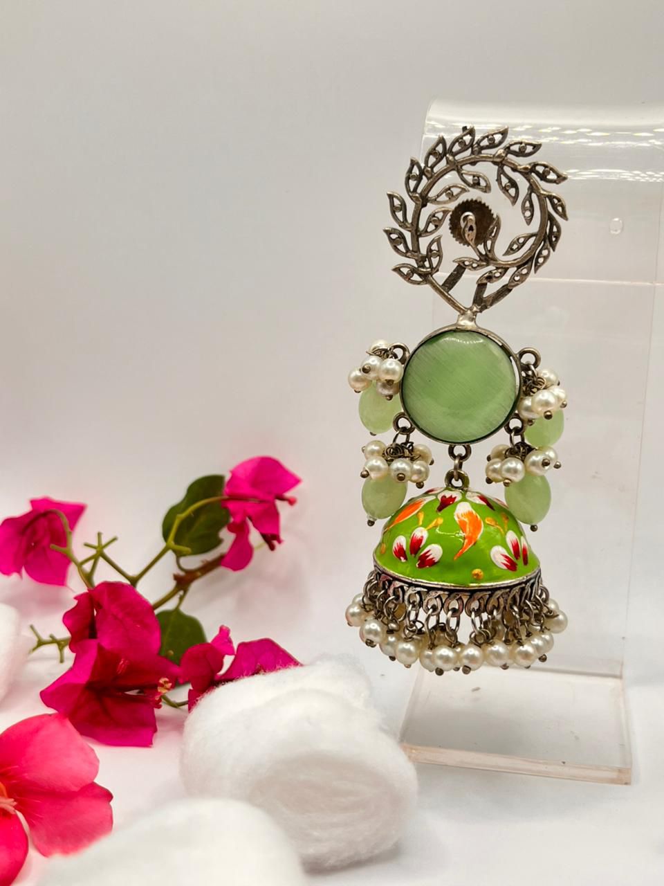 Hand-painted Green Jhumka Earring