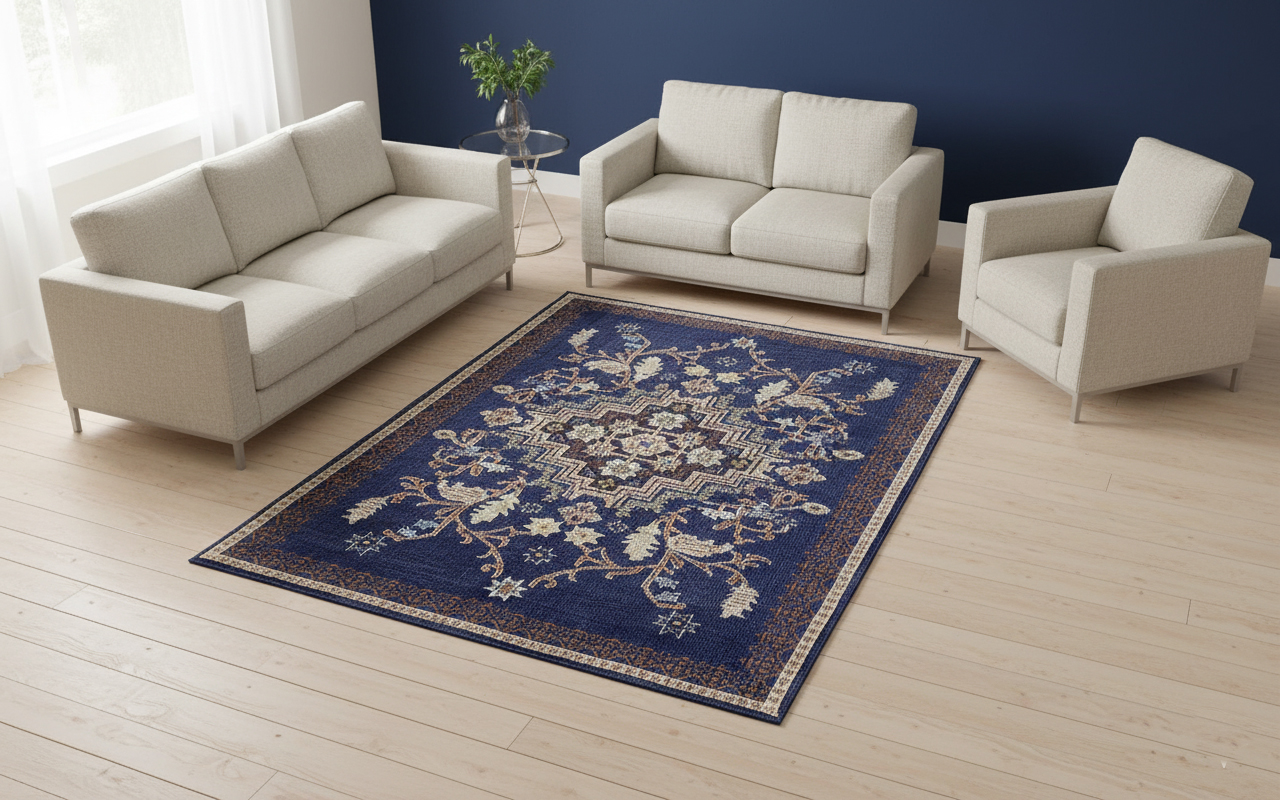 Oushak Area Rug Hand Knotted Wool: Deep Blue Medallion Design