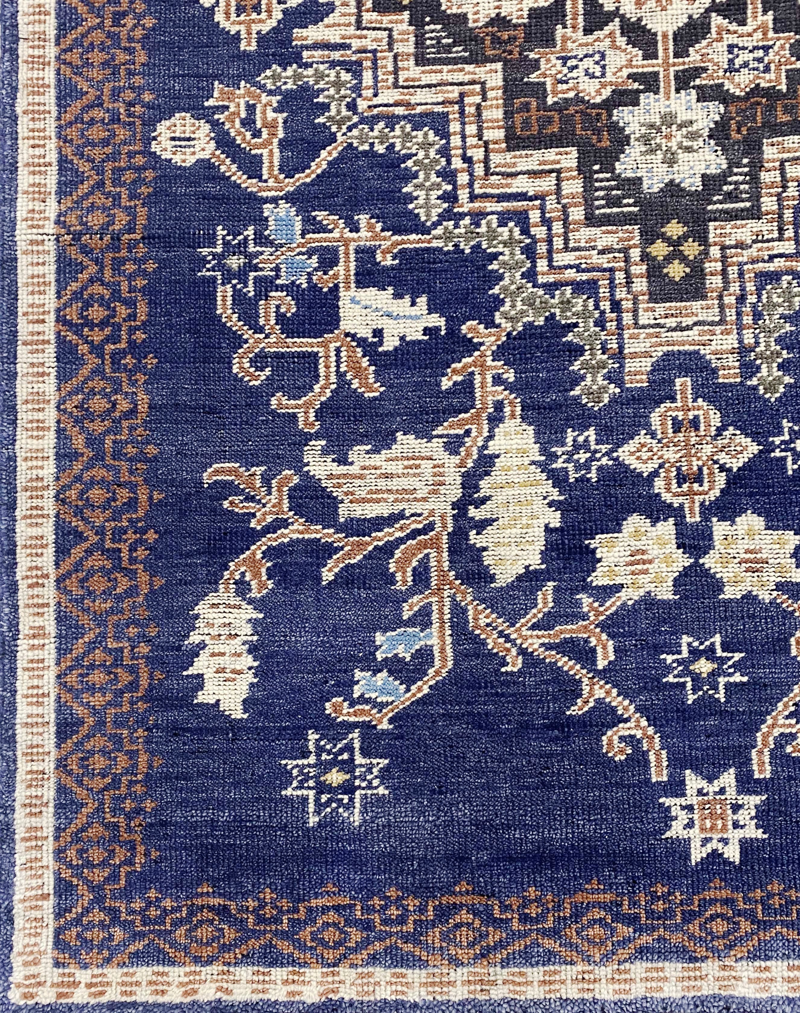 Oushak Area Rug Hand Knotted Wool: Deep Blue Medallion Design