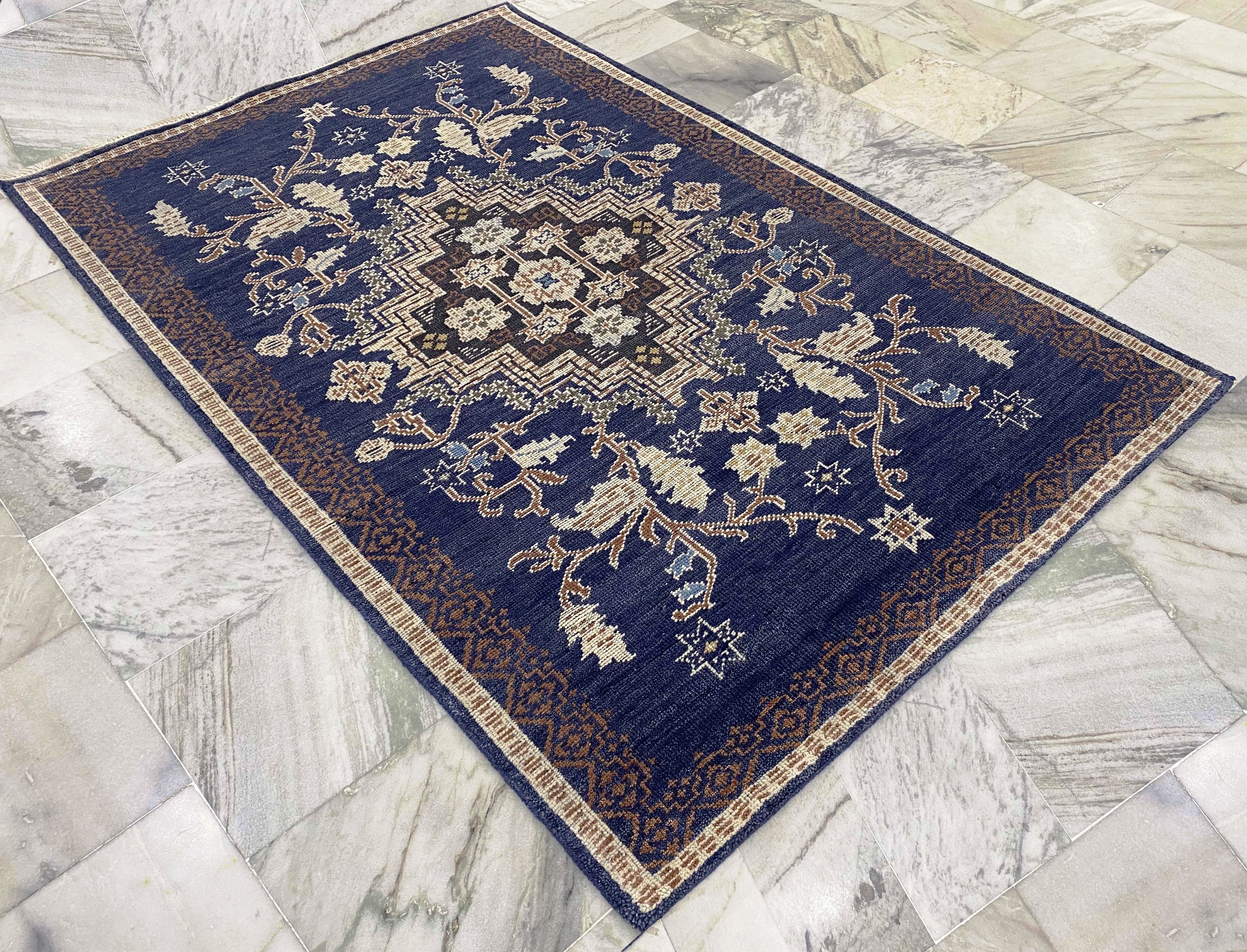 Oushak Area Rug Hand Knotted Wool: Deep Blue Medallion Design
