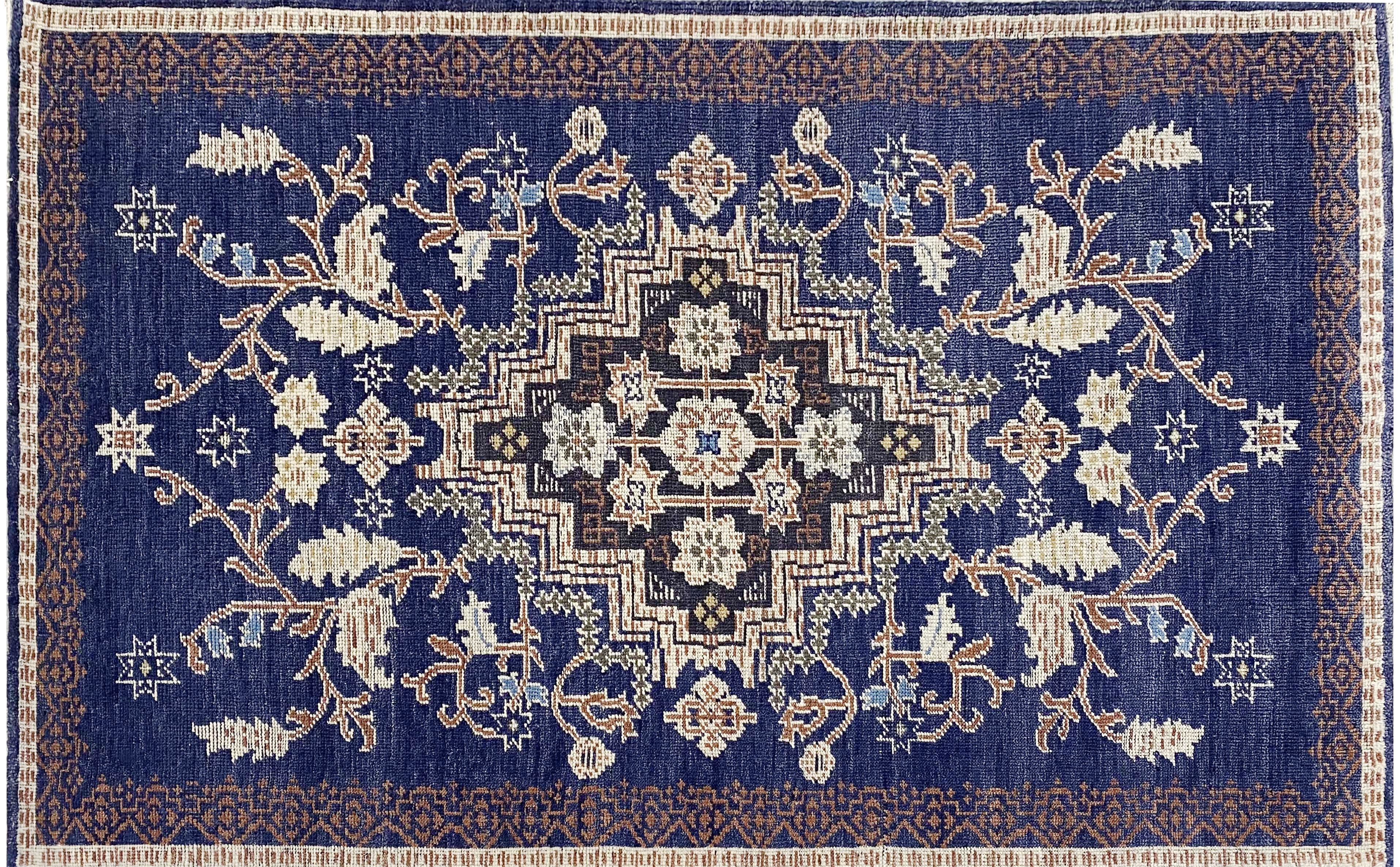 Oushak Area Rug Hand Knotted Wool: Deep Blue Medallion Design
