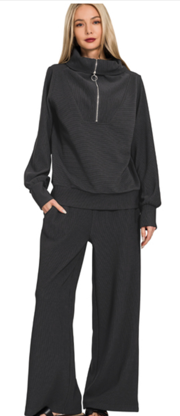 BLACK - Ribbed High Neck Half Zip Pullover & Pants Set