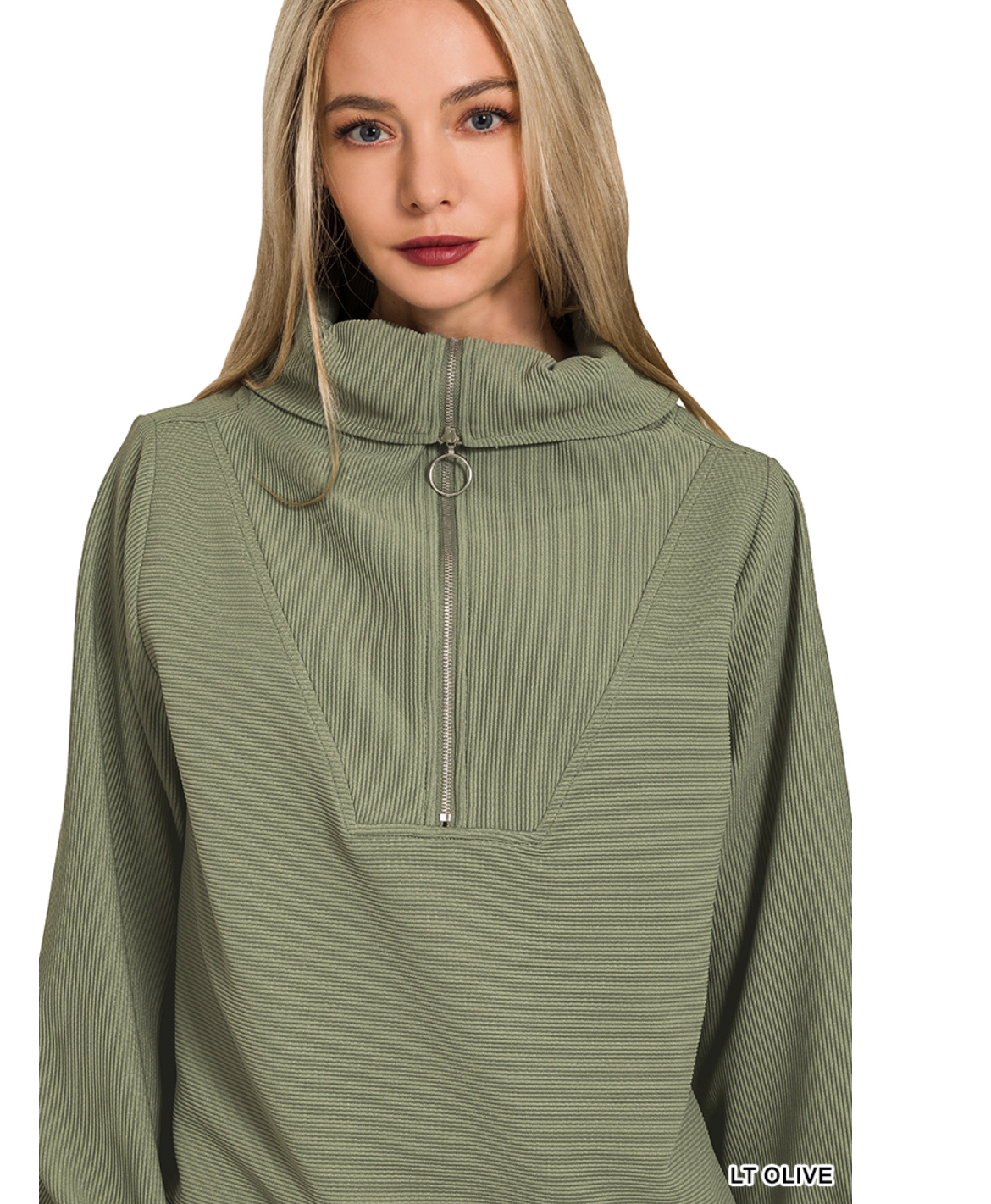 Olive Green - Ribbed High Neck Half Zip Pullover & Pants Set