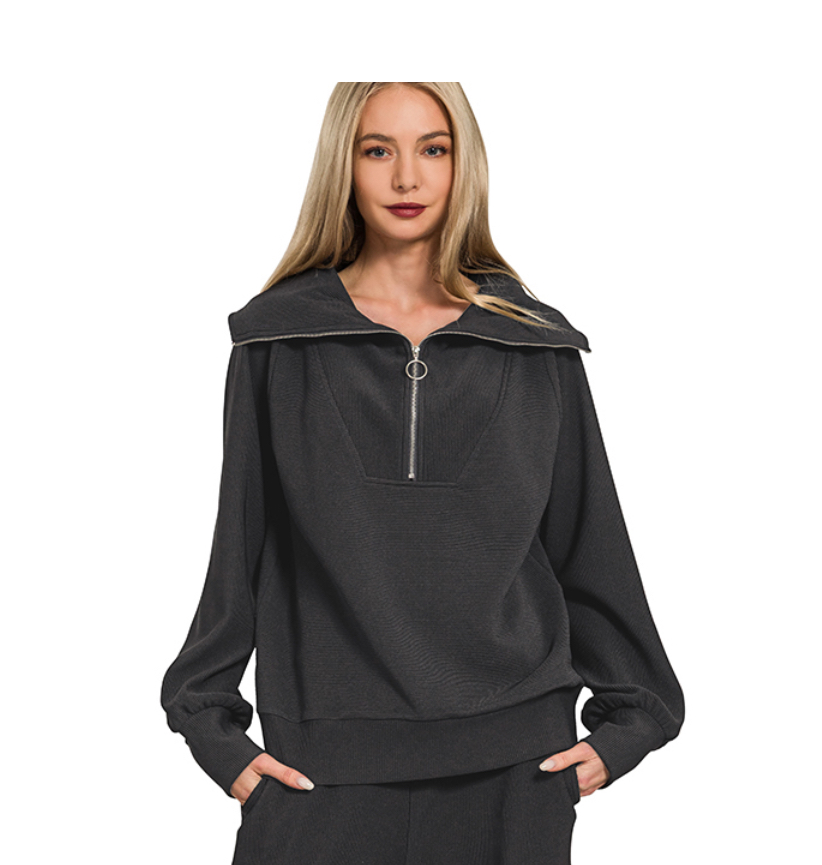 BLACK - Ribbed High Neck Half Zip Pullover & Pants Set