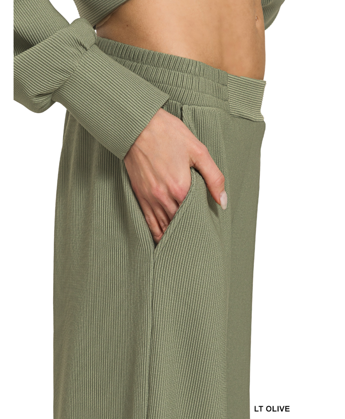 Olive Green - Ribbed High Neck Half Zip Pullover & Pants Set