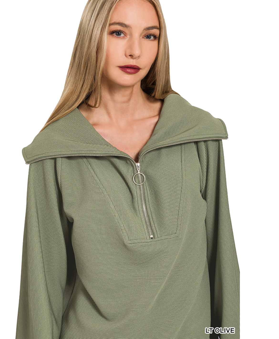 Olive Green - Ribbed High Neck Half Zip Pullover & Pants Set