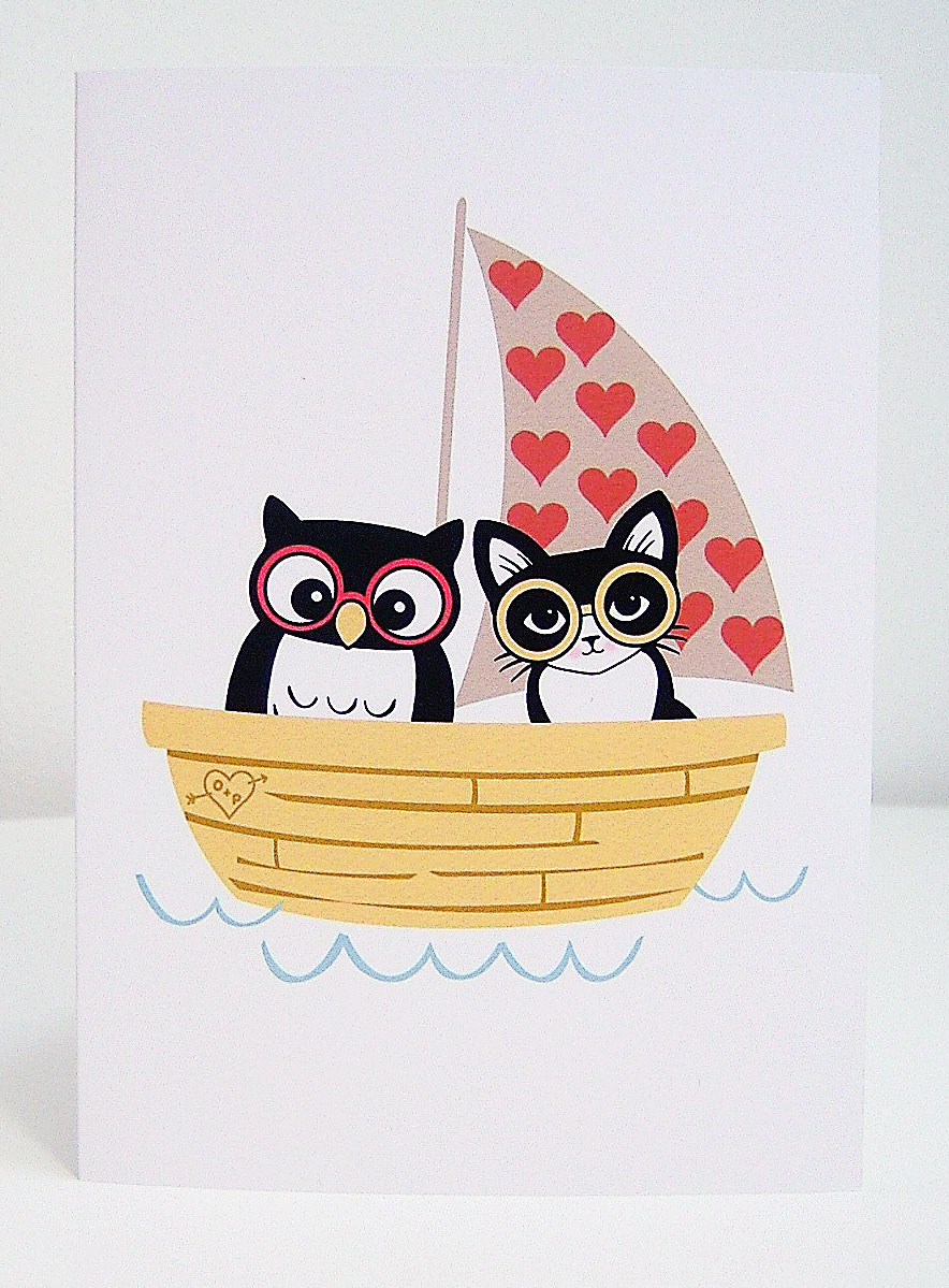 Owl & Pussycat in Their Loveboat | Romantic Greeting Card