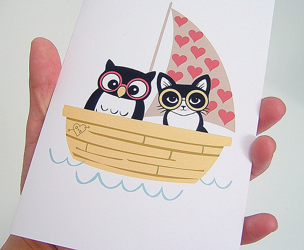 Owl & Pussycat in Their Loveboat | Romantic Greeting Card