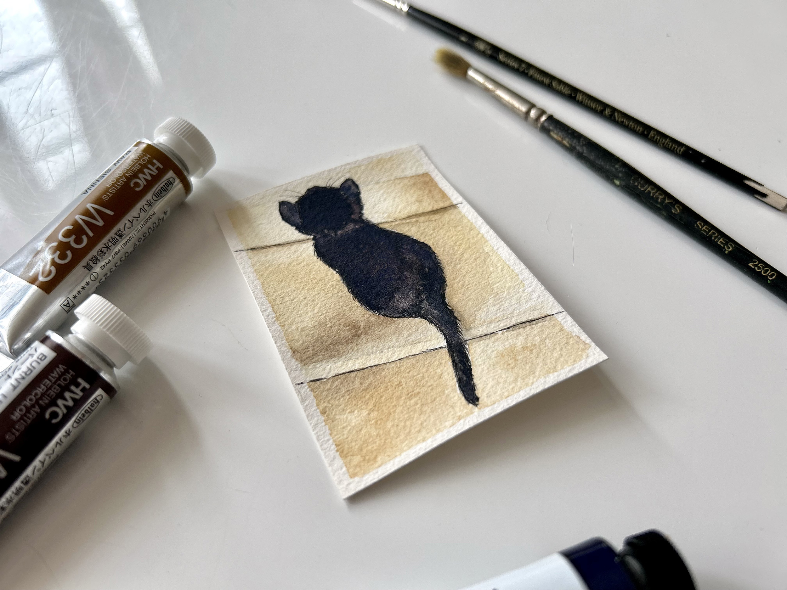 Sweet Chili on the Stairs Original ACEO Watercolour Painting