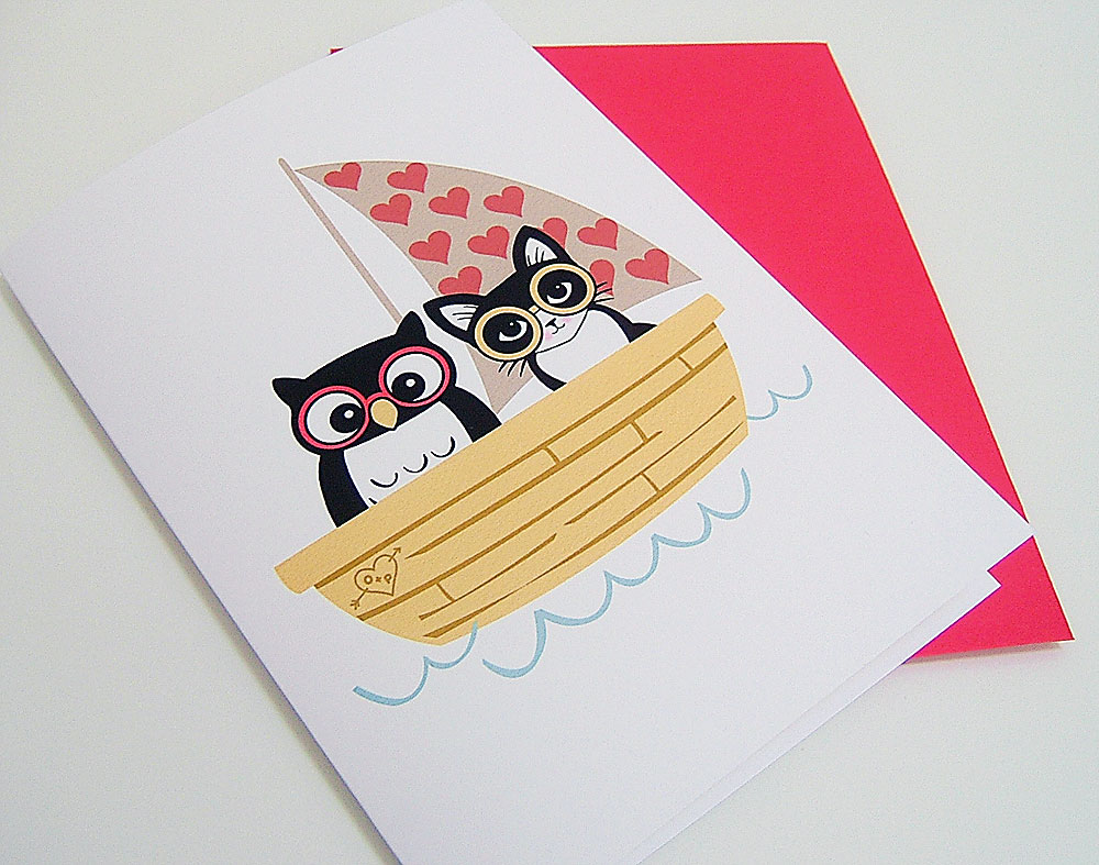 Owl & Pussycat in Their Loveboat | Romantic Greeting Card
