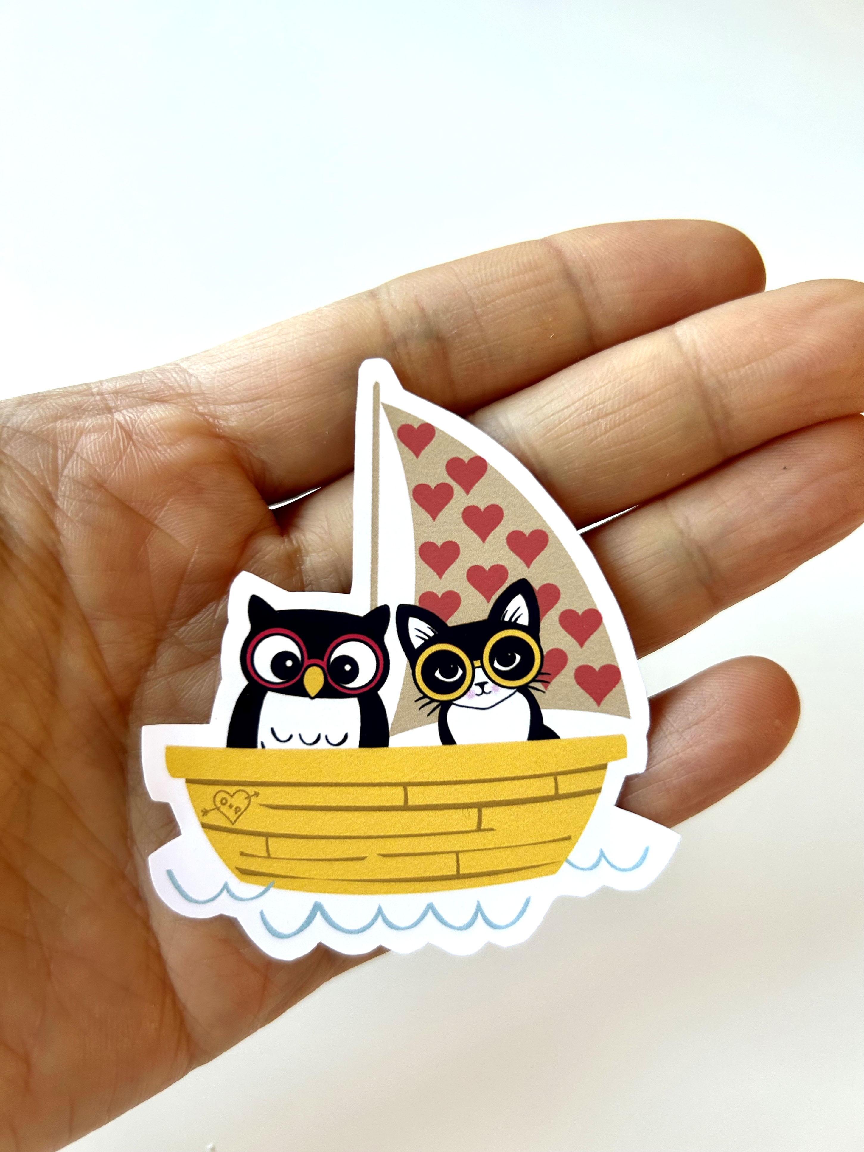Owl and Pussycat in Their Loveboat Vinyl Sticker