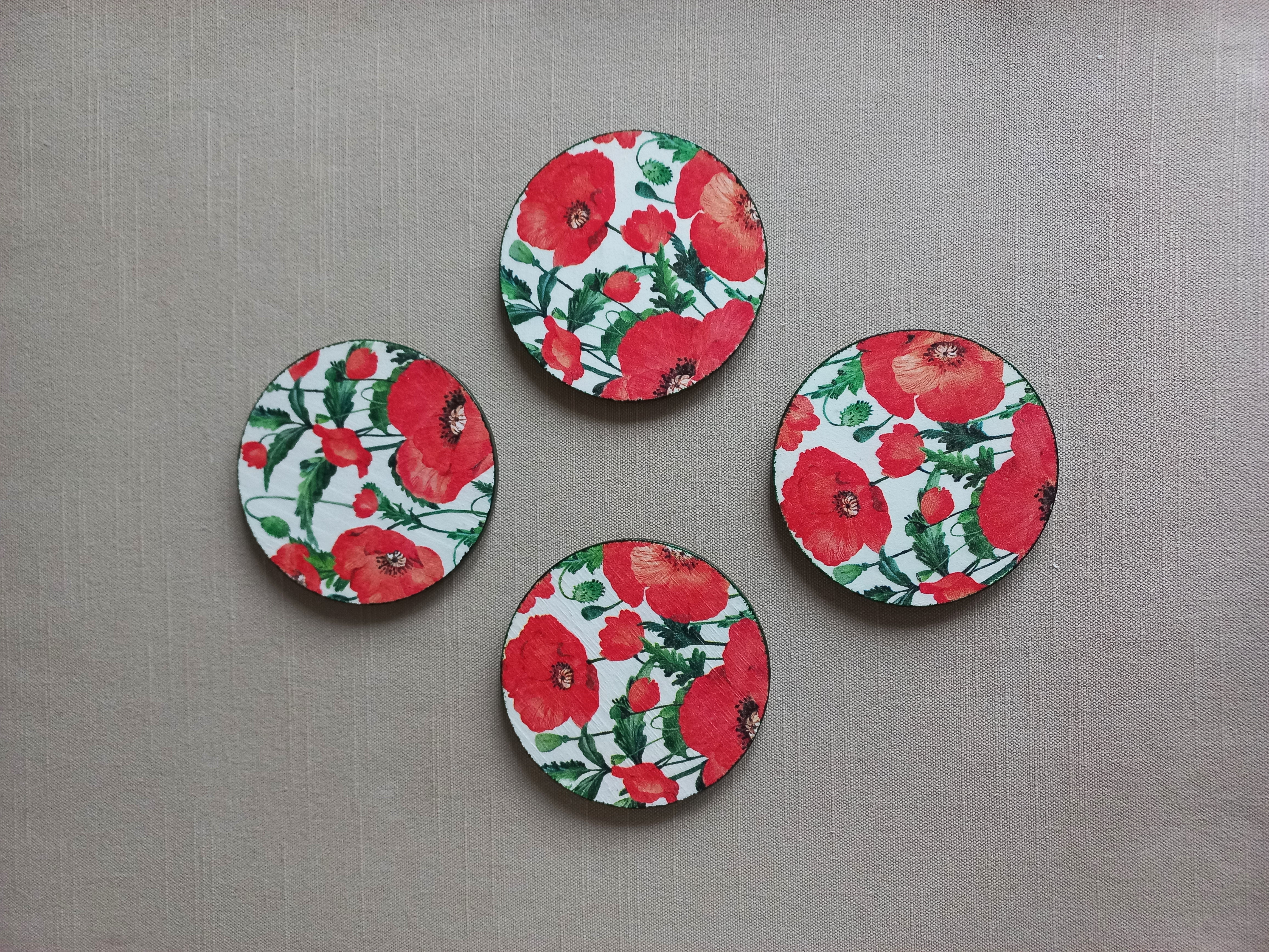 Red Poppies - Wooden Coaster