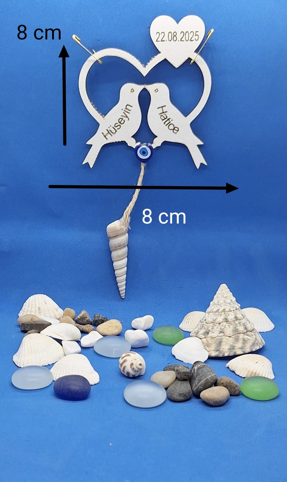 Kuşlu Kalp Tasarımlı İsimli Nikah & Nişan Magneti – Deniz Kabuklu, Nazar Boncuklu