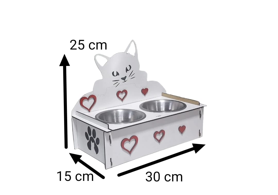 Sevimli Kedi Figürlü Ahşap Mama ve Su Kabı – Kalpli Tasarım