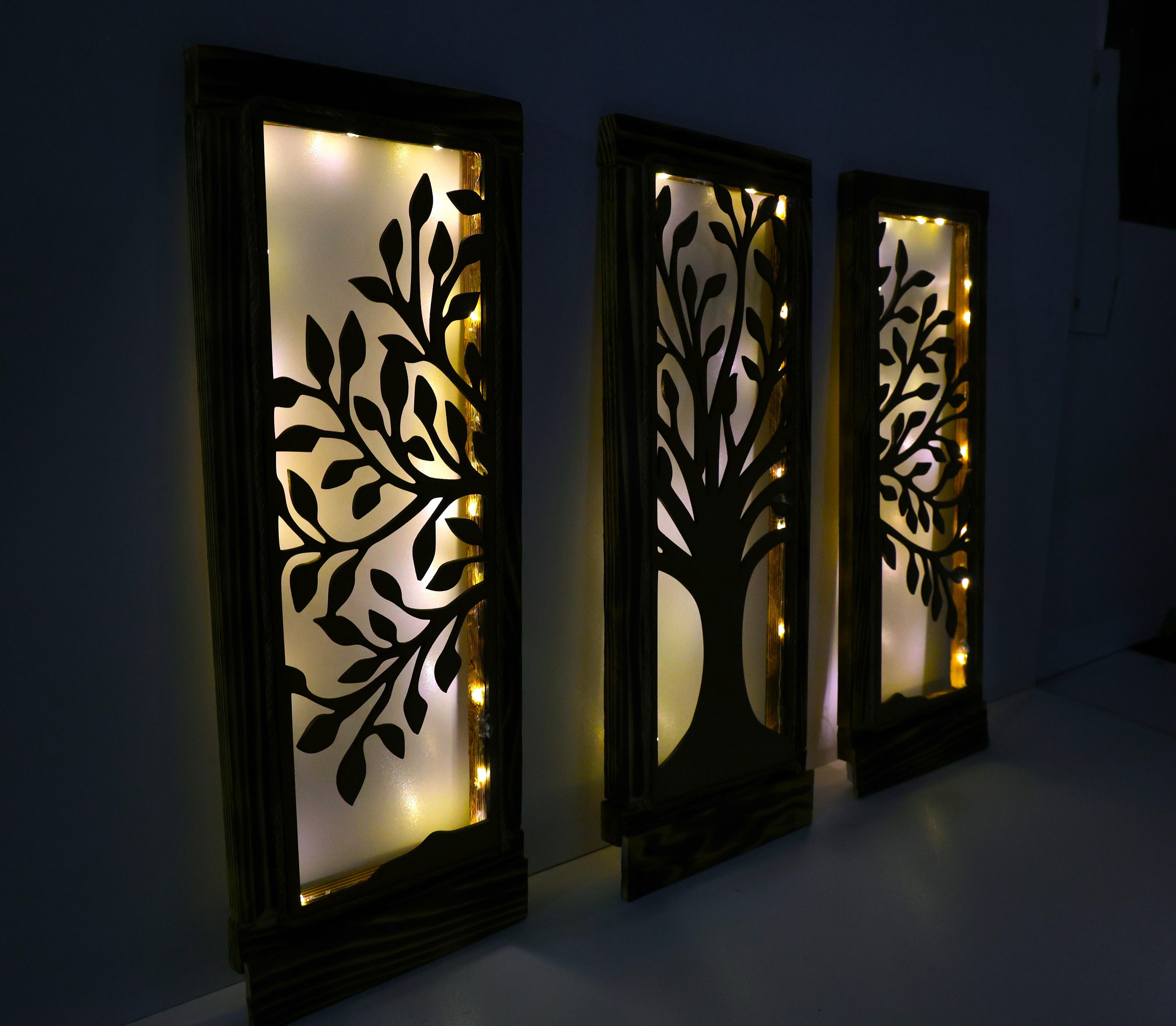 LED Işıklı Ahşap Çerçeveli 3’lü Ağaç Motifli Duvar Dekor Seti