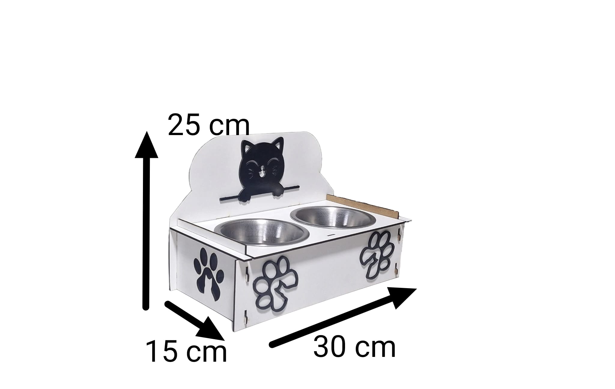 El Yapımı Ahşap Mama Kabı – Sevimli Kedi Figürlü Çift Bölmeli Stand