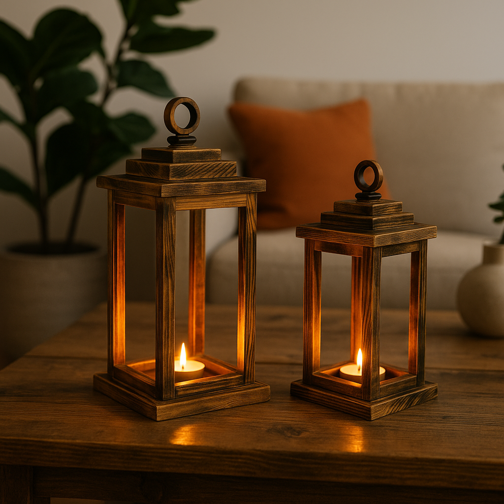 Rustik Ahşap Fener Mumluk Seti – 2’li Dekoratif Tasarım