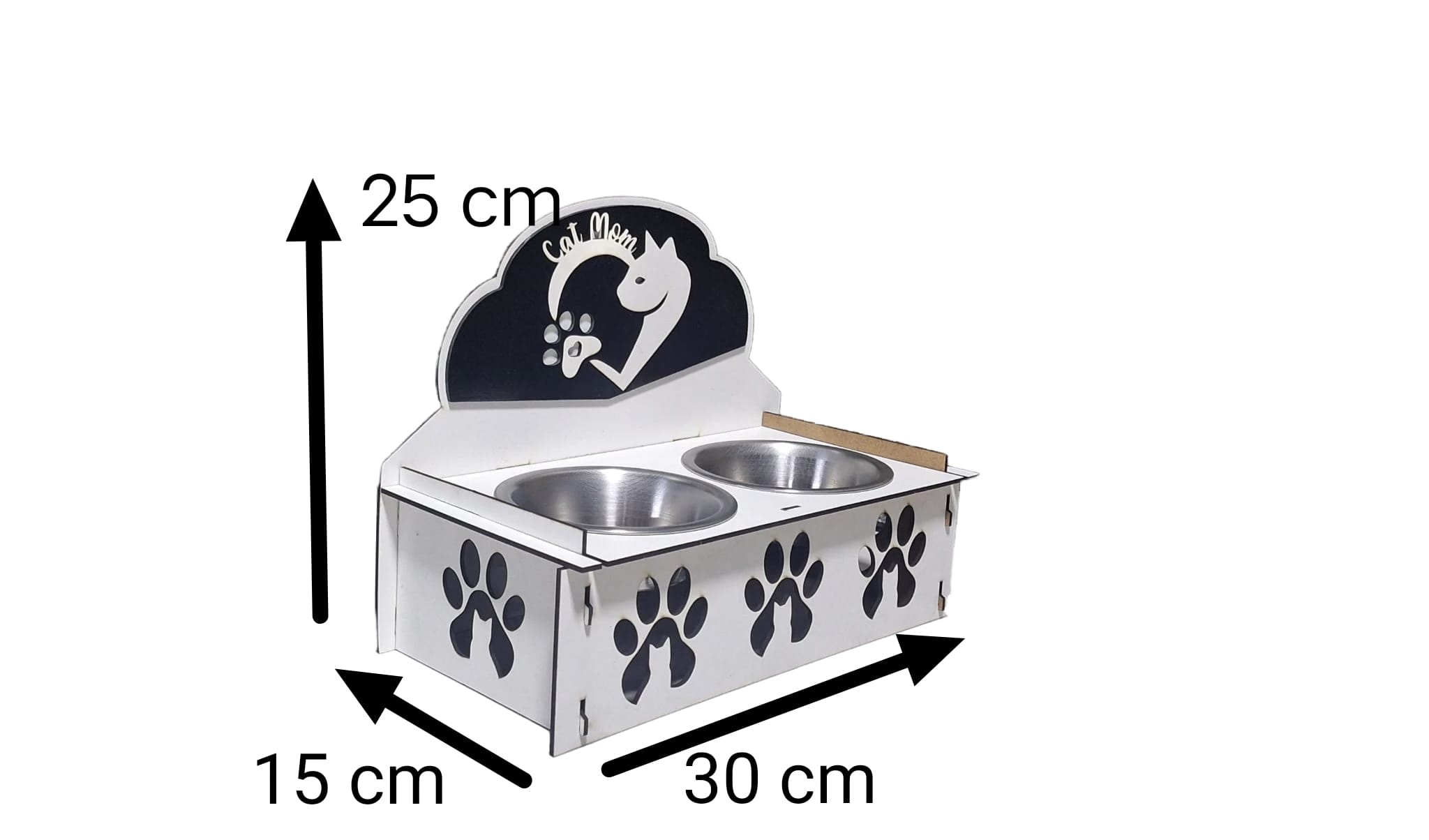 El Yapımı Ahşap Mama Kabı – Cat Mom Figürlü Çift Bölmeli Stand