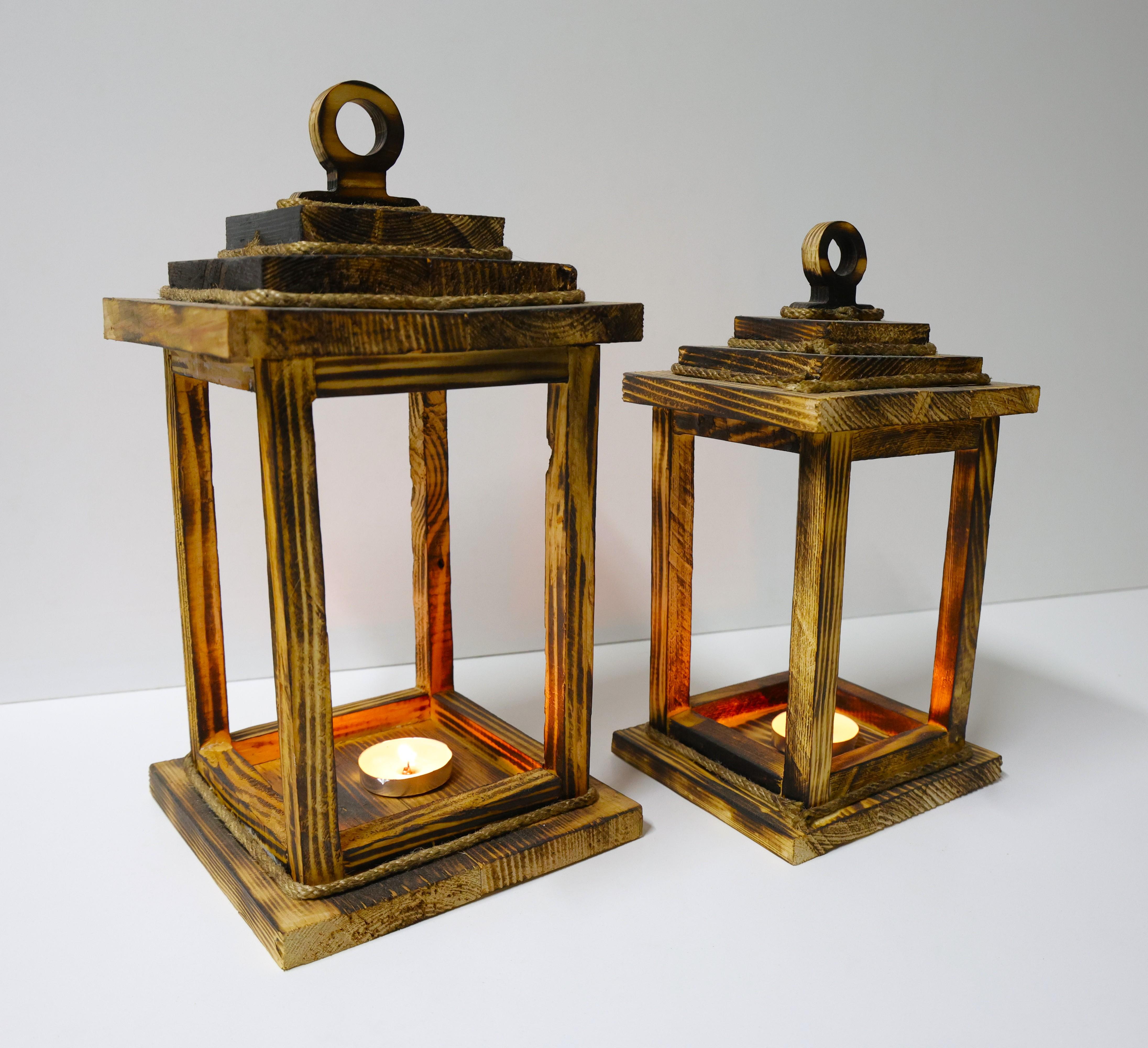 Rustik Ahşap Fener Mumluk Seti – 2’li Dekoratif Tasarım