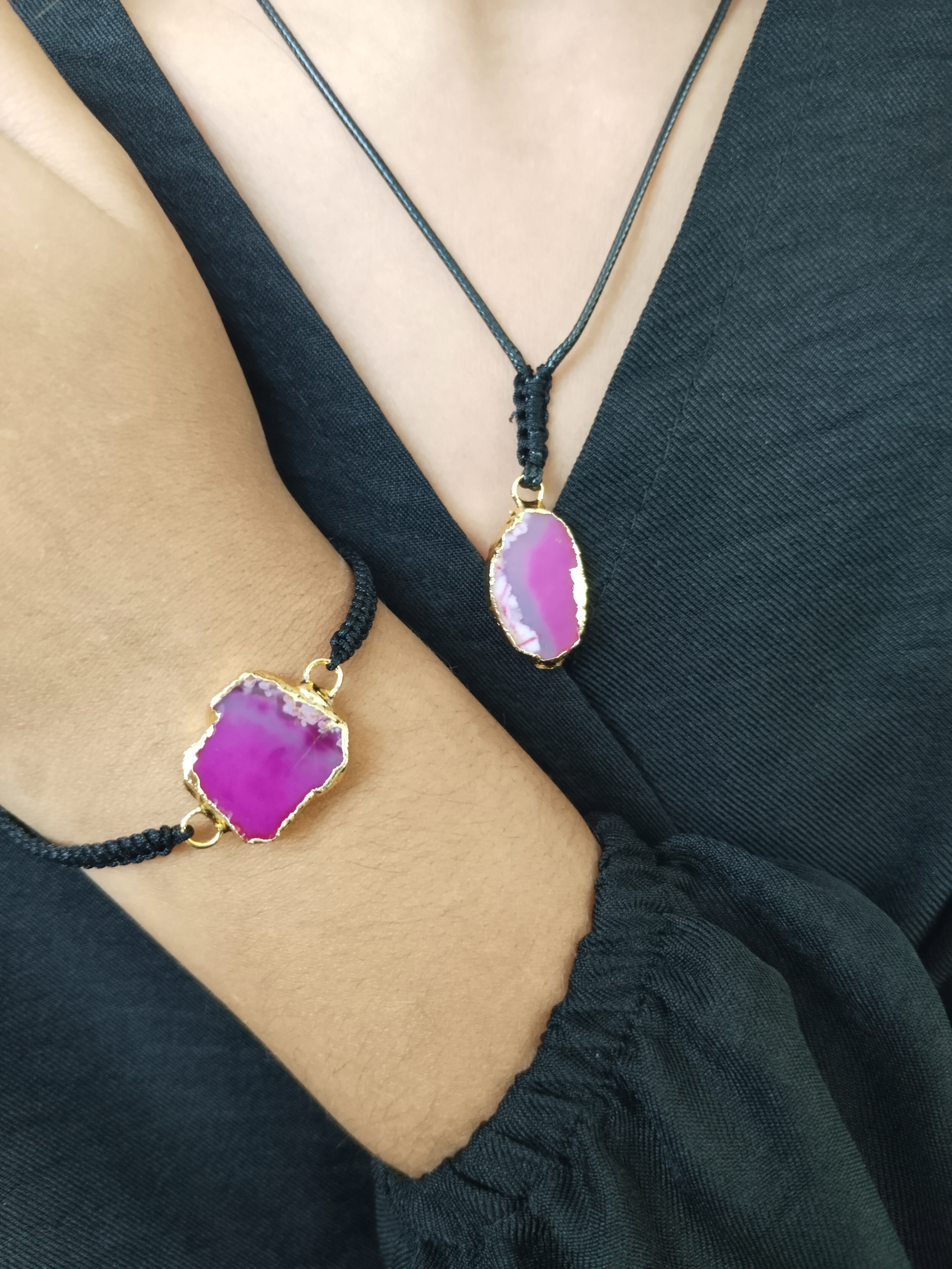 Pembe Doğal Akik Taşlı Kolye & Bileklik Kombini – El Yapımı Zarif Takım