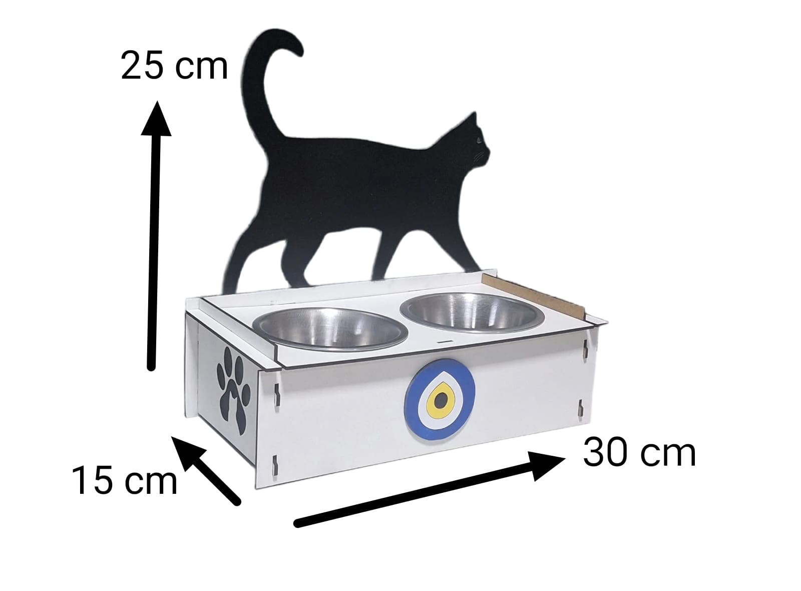 El Yapımı Ahşap Mama Kabı – Nazar Boncuklu Kedi Figürlü Çift Bölmeli Stand