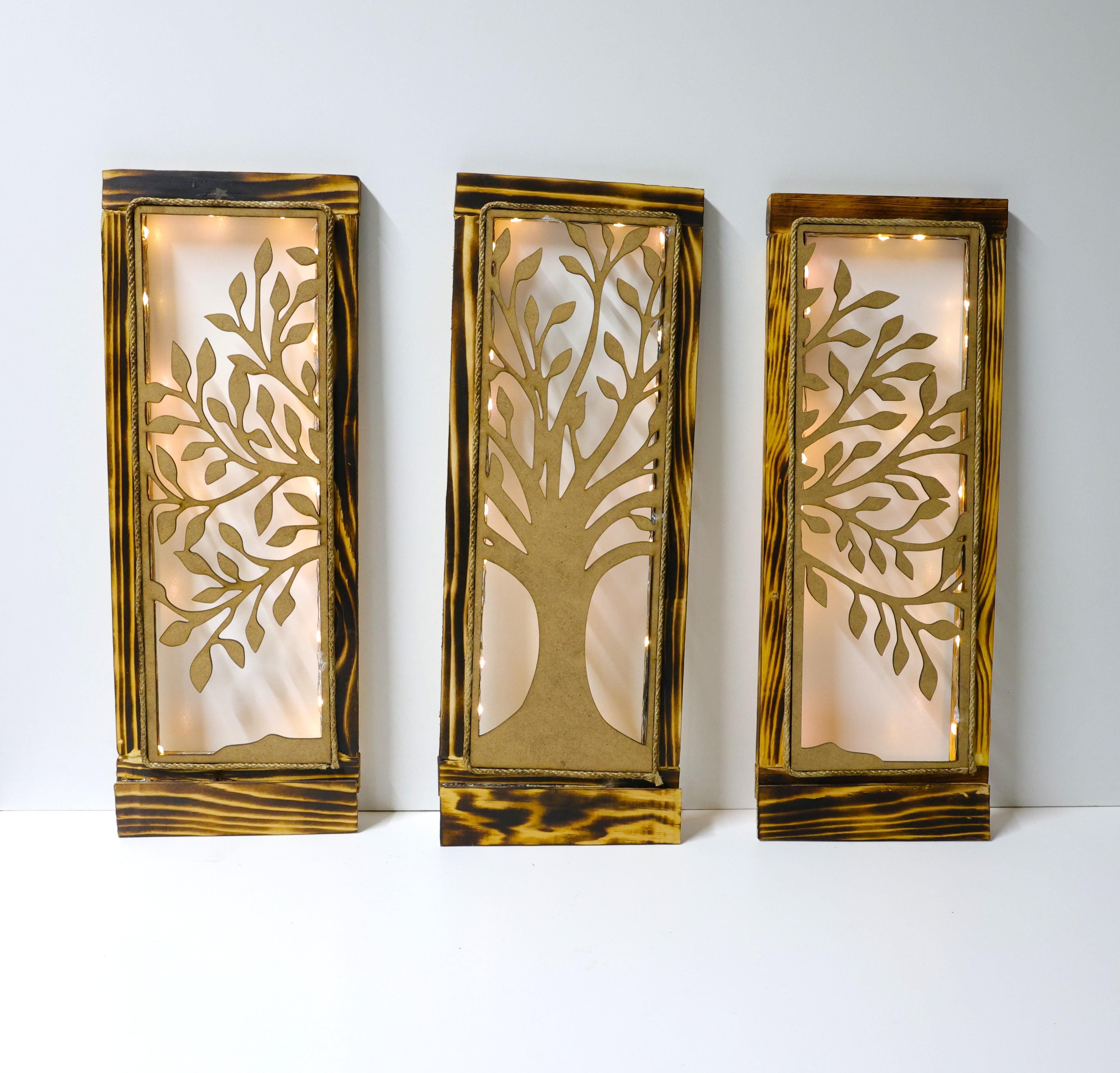 LED Işıklı Ahşap Çerçeveli 3’lü Ağaç Motifli Duvar Dekor Seti