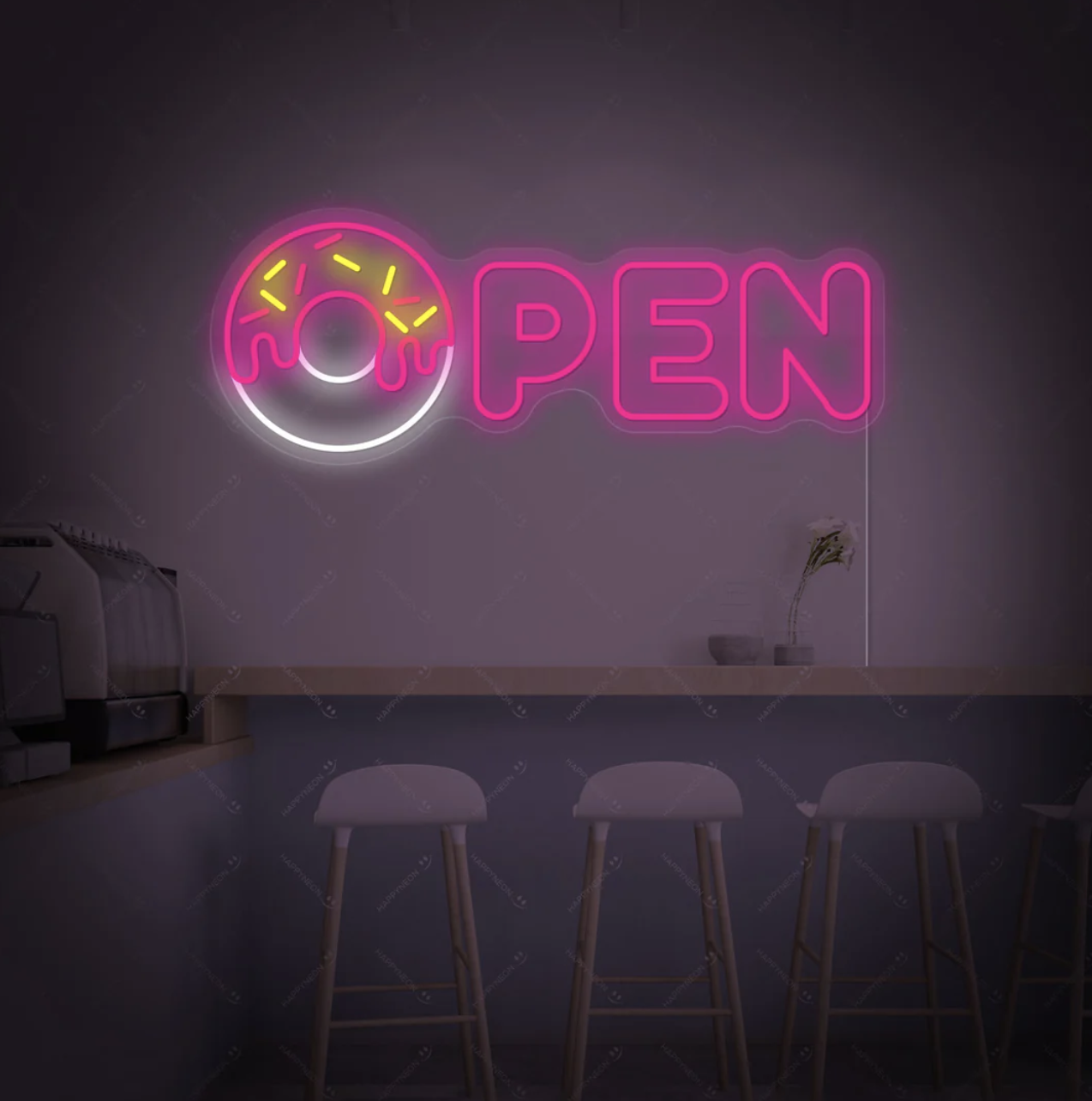 Letrero de neón 'OPEN' con dona