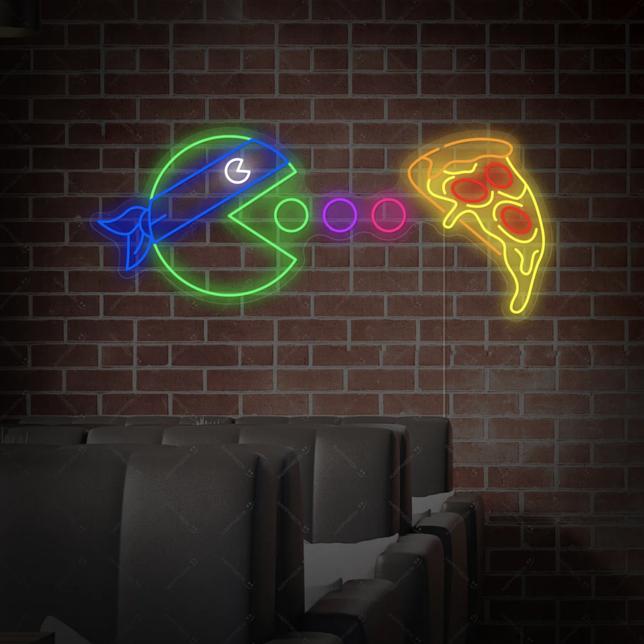Letrero de neón Pac-Man comiendo pizza